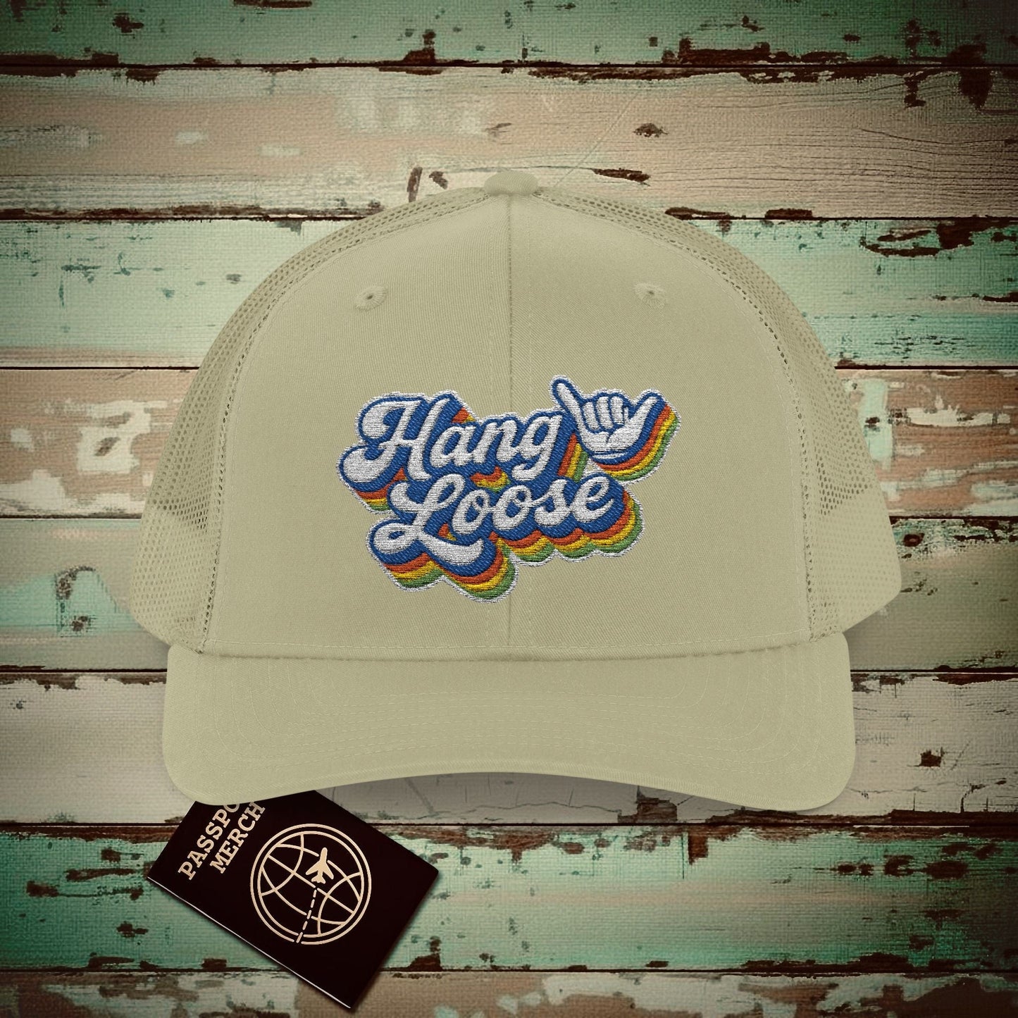 Classic 70s, Hang Loose, Hawaii Embroidered Trucker Hat Khaki / One size