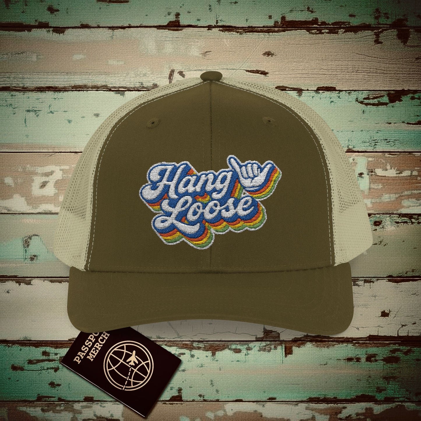 Classic 70s, Hang Loose, Hawaii Embroidered Trucker Hat Moss / Khaki / One size