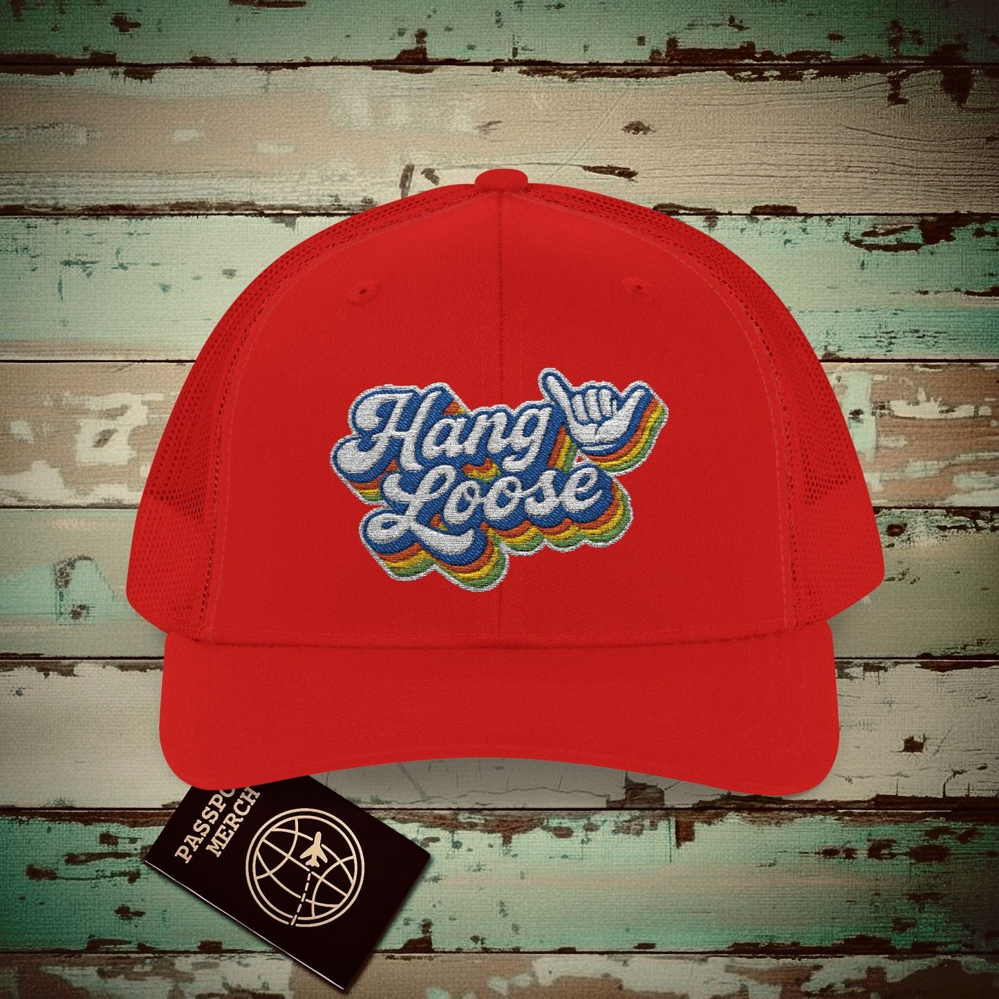 Classic 70s, Hang Loose, Hawaii Embroidered Trucker Hat Red / One size