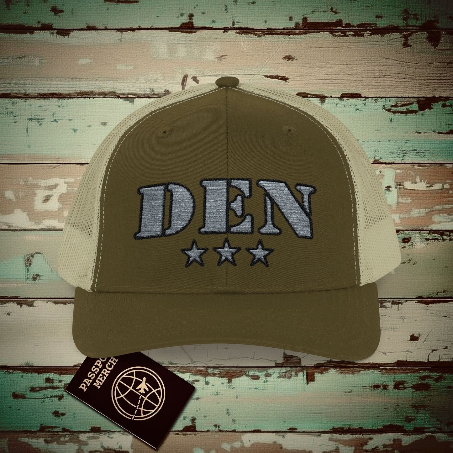 Classic Military, Denver Colorado Airport Code (DEN) Embroidered Trucker Hat Moss / Khaki / One size