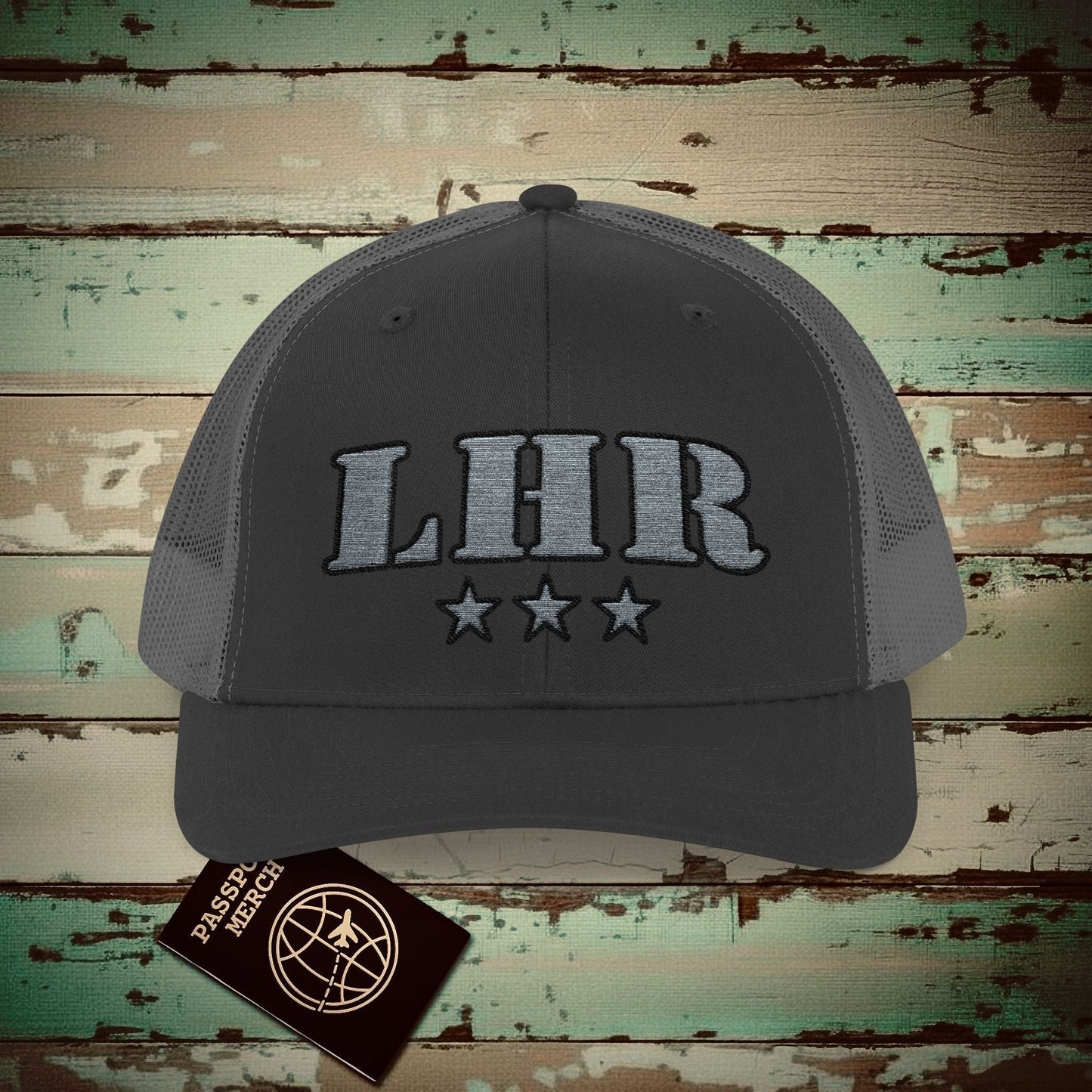 Classic Military, London Heathrow England Airport Code (LHR) Embroidered Trucker Hat Black / Charcoal / One size