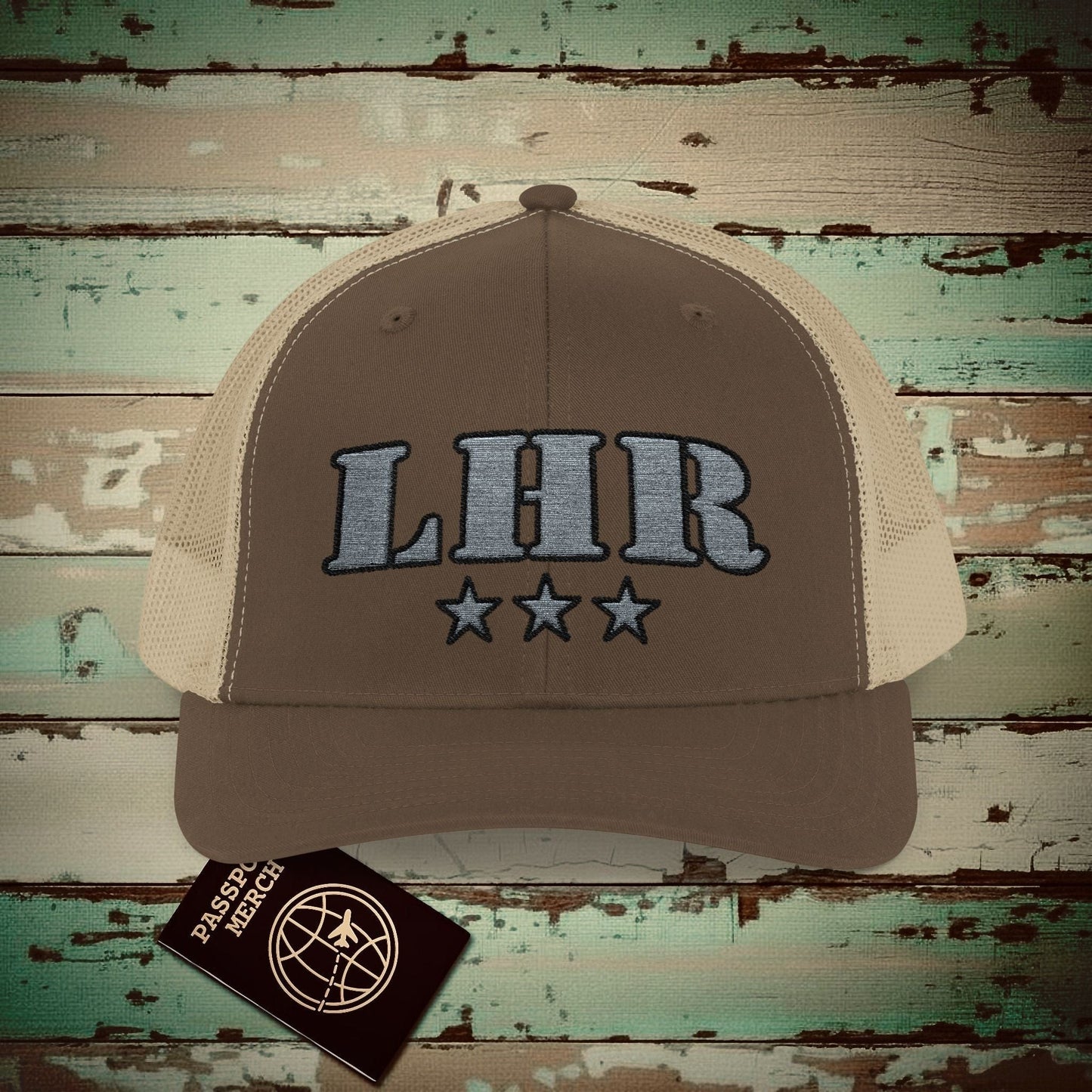 Classic Military, London Heathrow England Airport Code (LHR) Embroidered Trucker Hat Brown / Khaki / One size