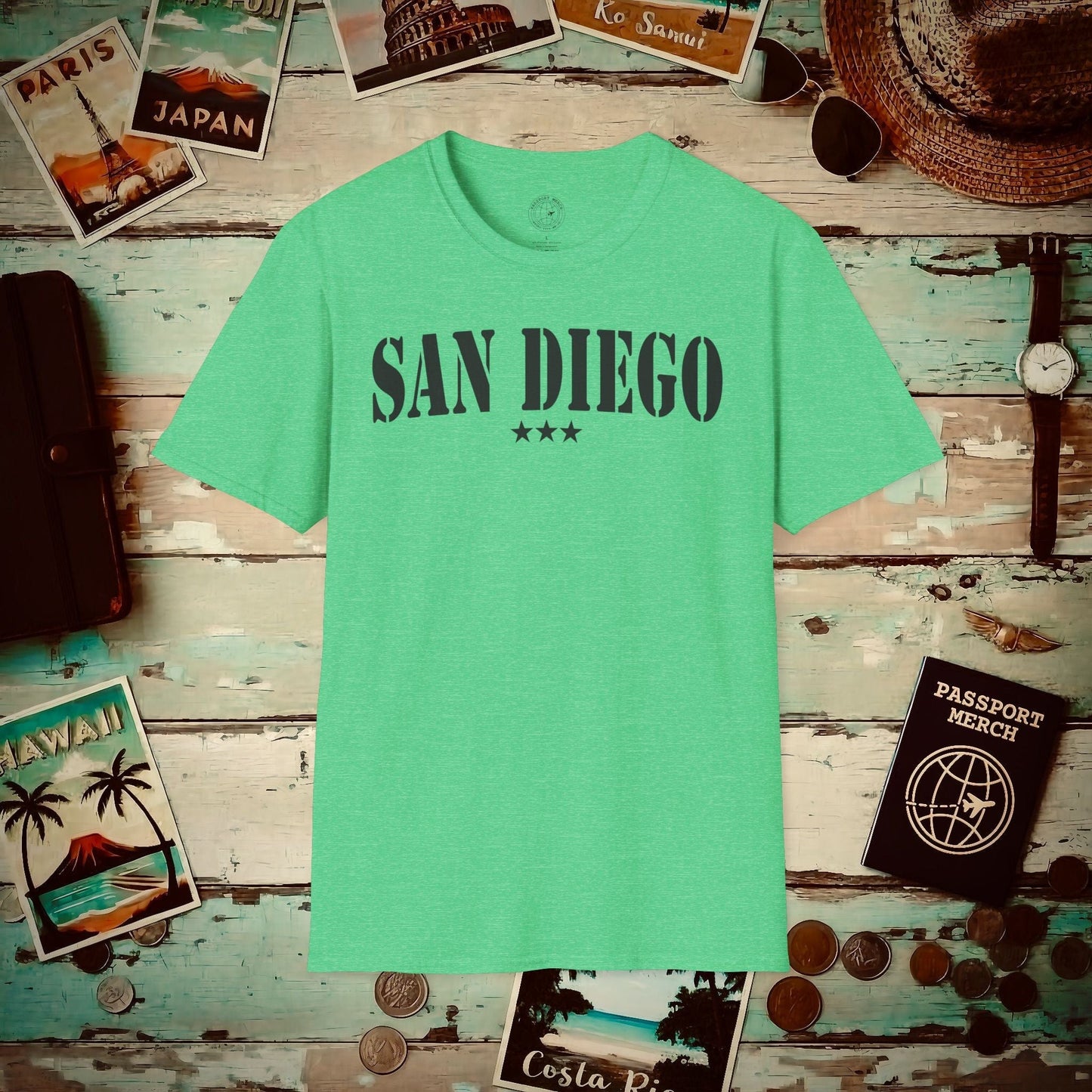 Classic Military, San Diego, California T-Shirt Heather Irish Green / S