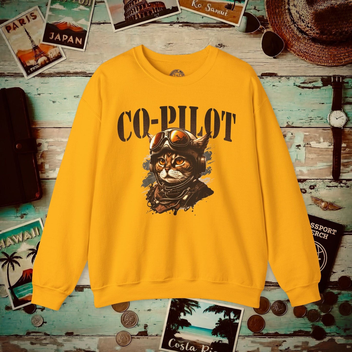 Co-Pilot Aviator Cat Crewneck Gold / S
