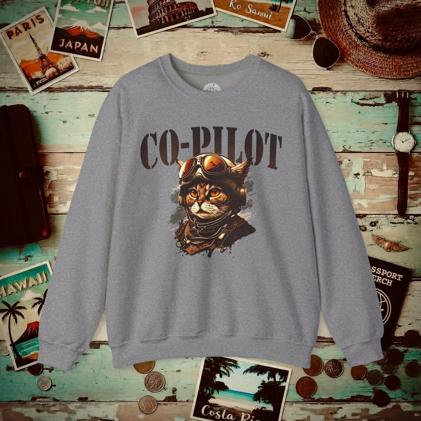 Co-Pilot Aviator Cat Crewneck Graphite Heather / S