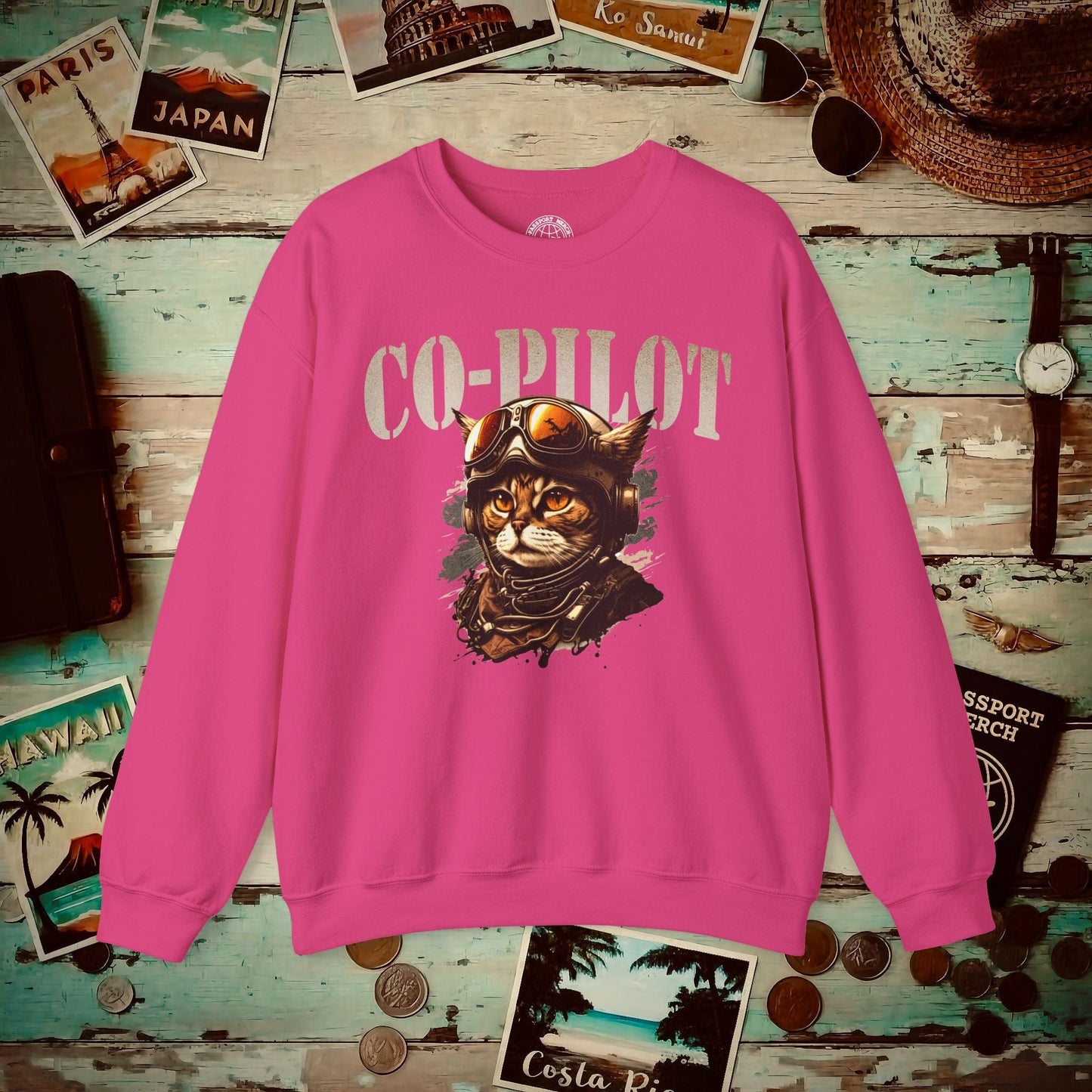 Co-Pilot Aviator Cat Crewneck Heliconia / S