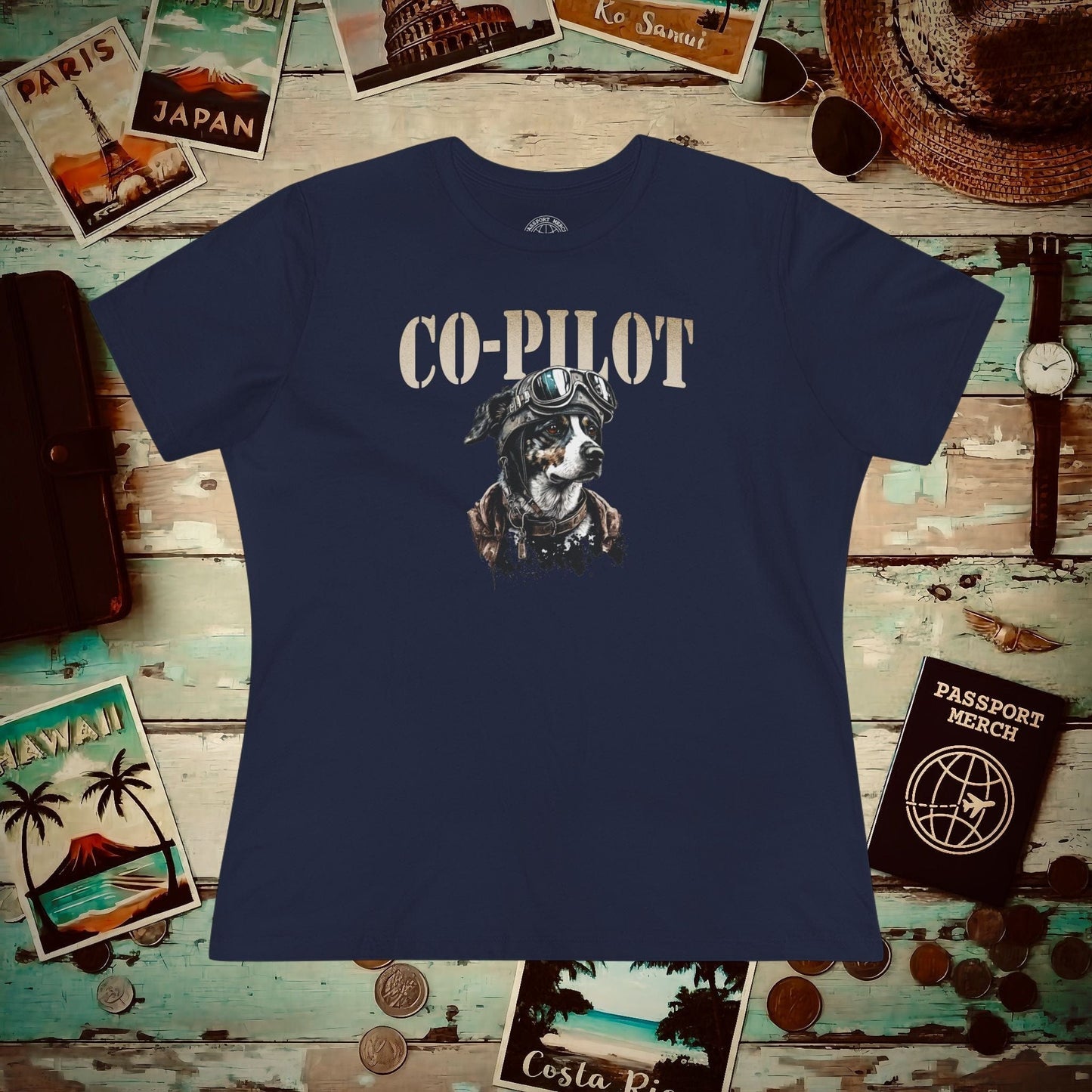 Co-Pilot Aviator Dog, Womens Fit T-Shirt Navy / S