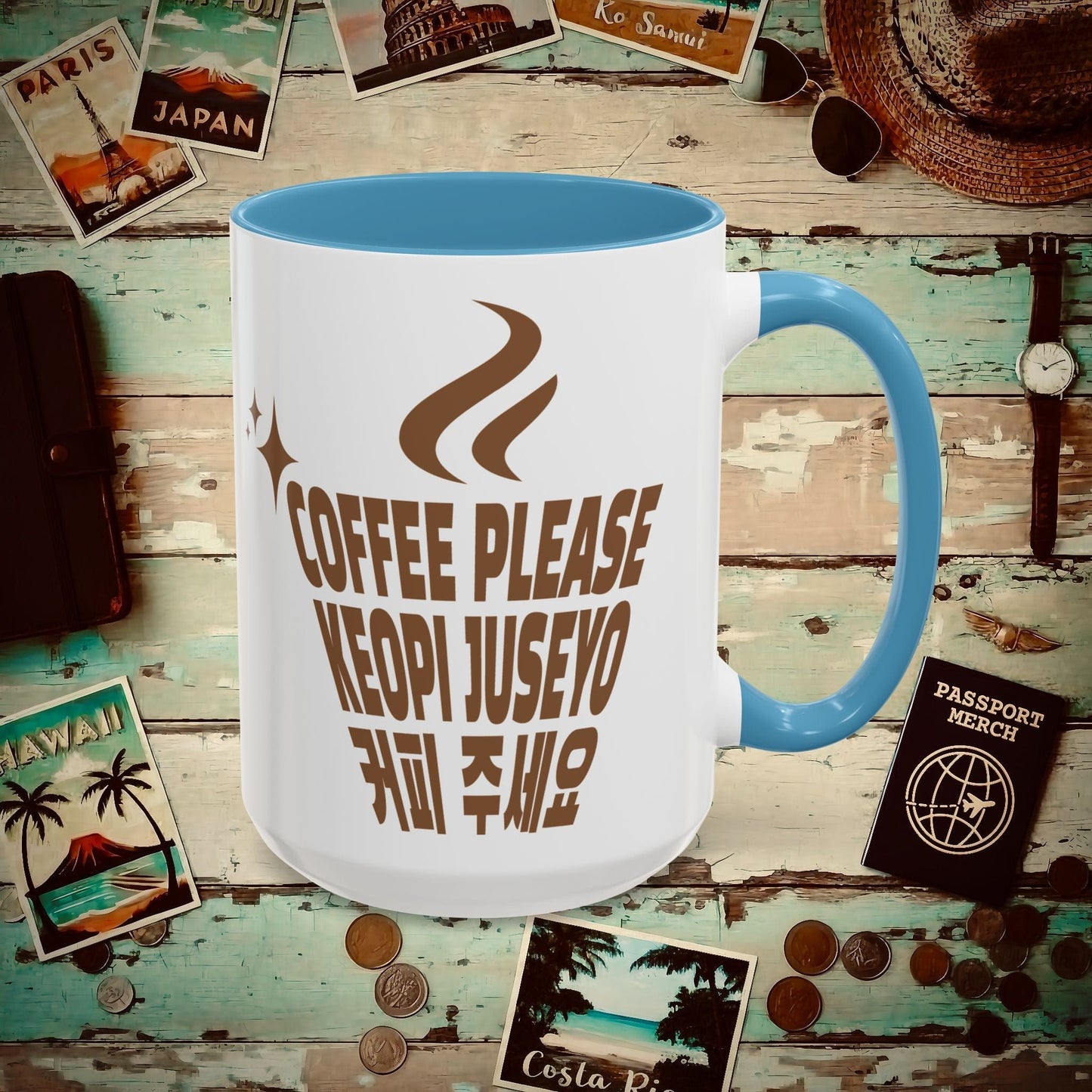 Coffee Please. Keopi Juseyo. Korea 15oz Mug Light Blue / 15oz