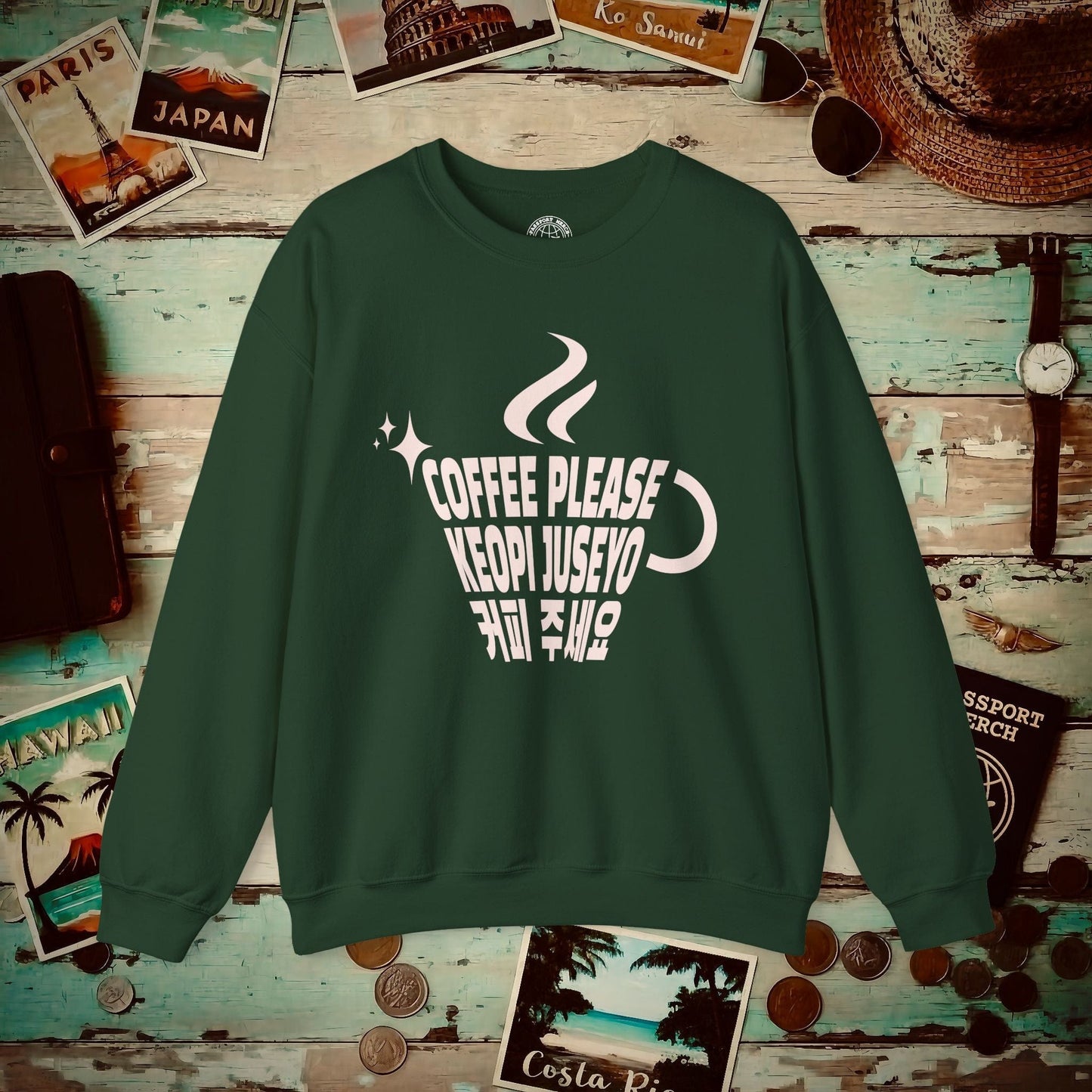 Coffee Please. Keopi Juseyo. Korea Crewneck Forest Green / S