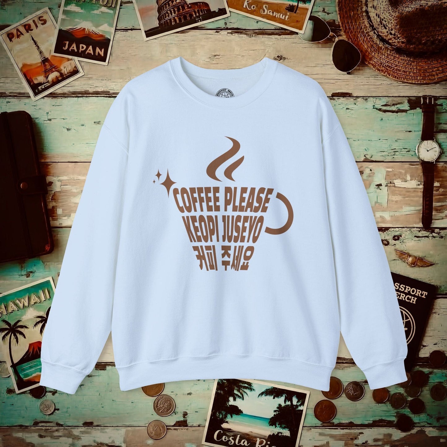 Coffee Please. Keopi Juseyo. Korea Crewneck Light Blue / S