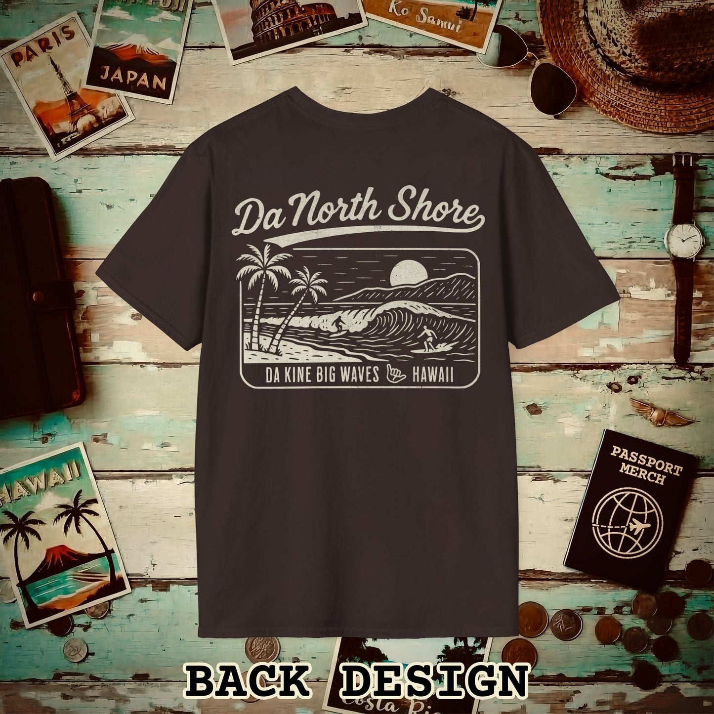 Da North Shore - Da Kine Big Waves, Hawaii, Back Print T-Shirt Dark Chocolate / S