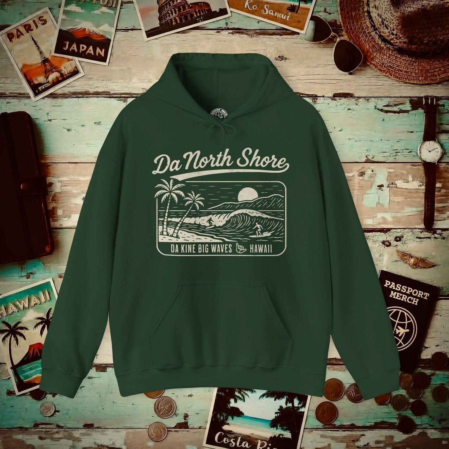 Da North Shore - Da Kine Big Waves, Hawaii Hoodie Forest Green / S