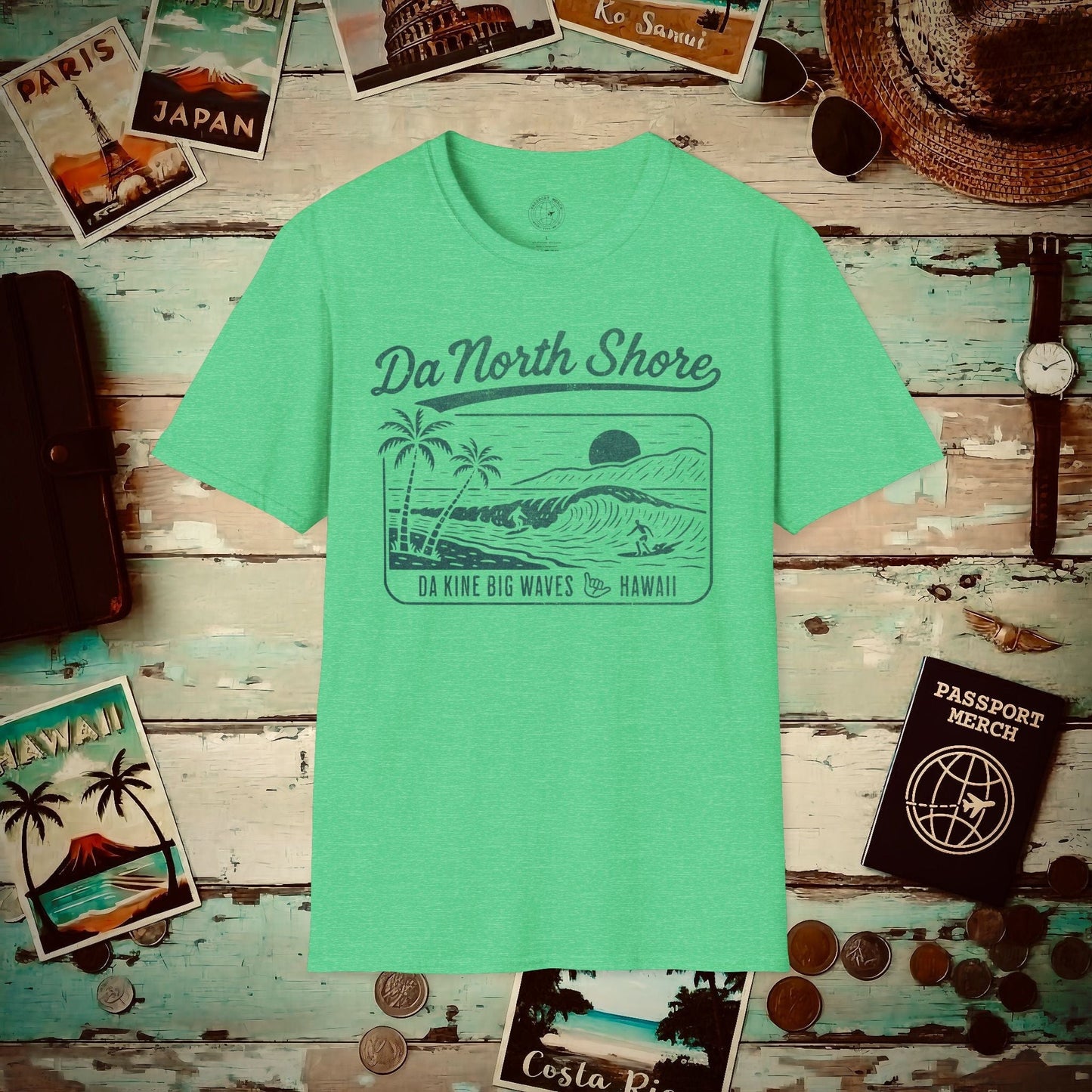 Da North Shore - Da Kine Big Waves, Hawaii T-Shirt Heather Irish Green / S