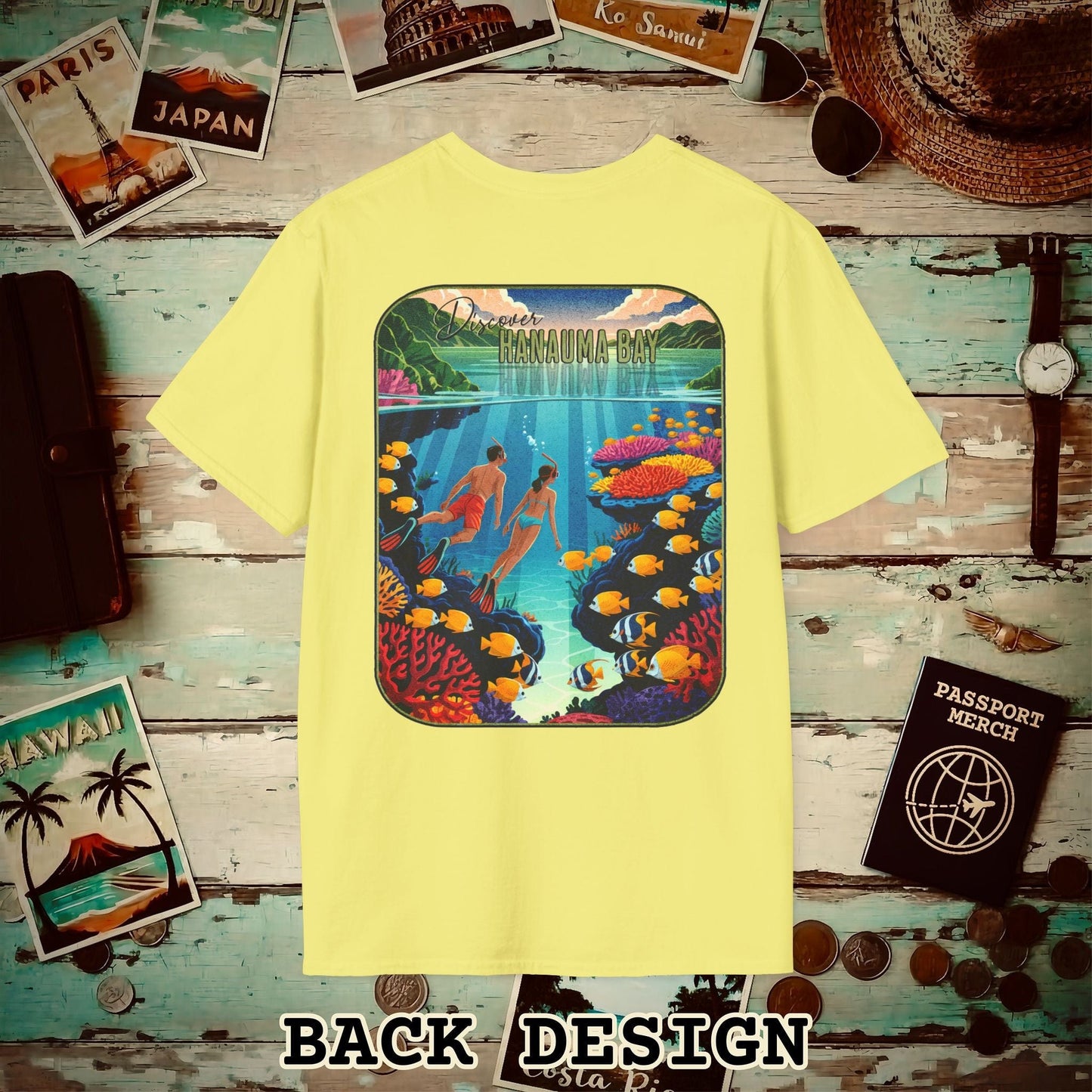 Discover Hanauma Bay, Hawaii, Back Print T-Shirt Cornsilk / S