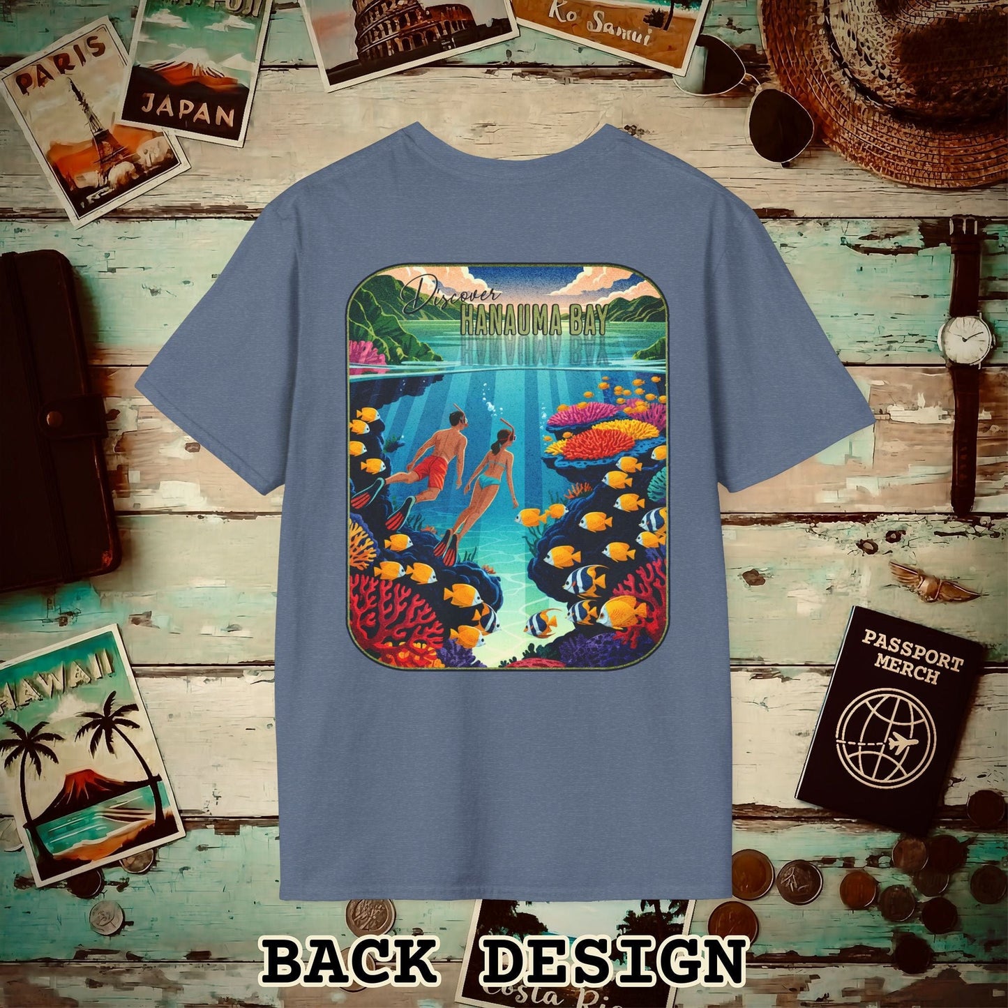 Discover Hanauma Bay, Hawaii, Back Print T-Shirt Heather Indigo / S