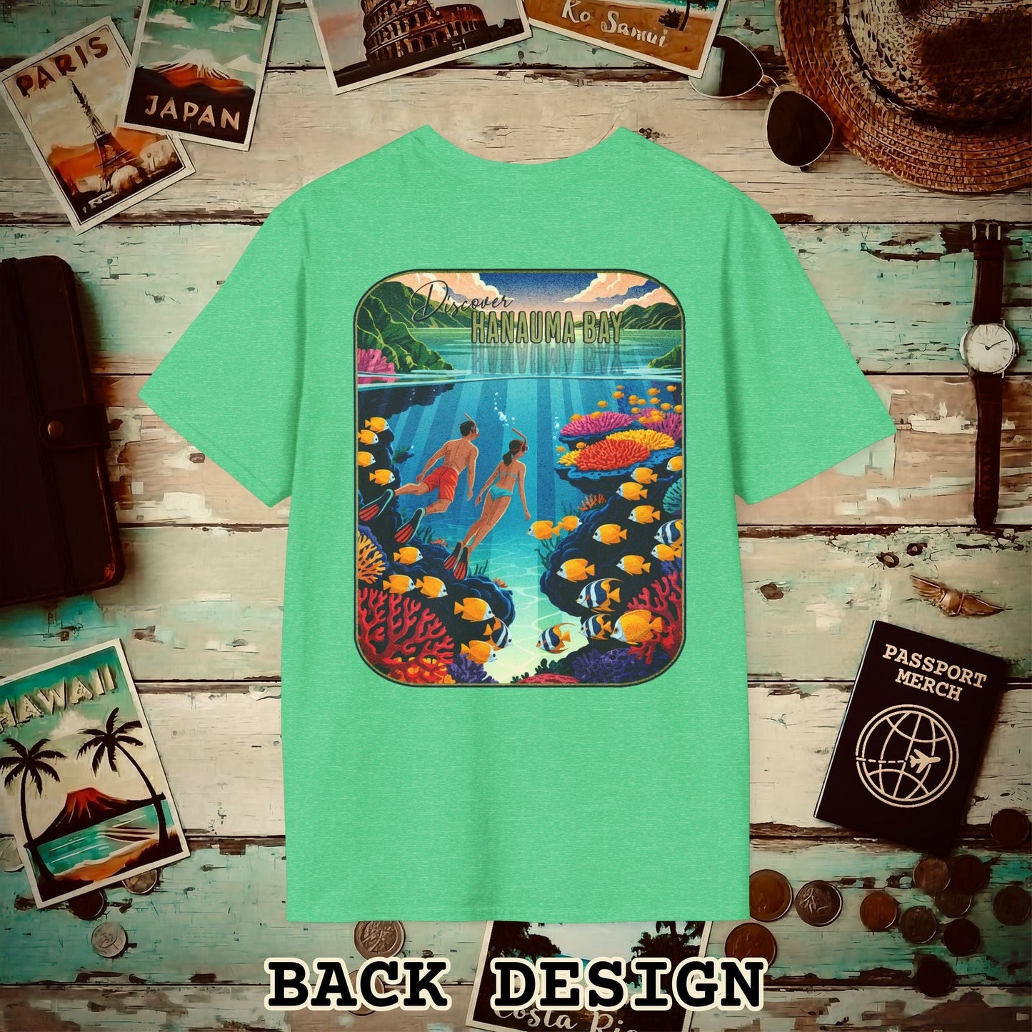 Discover Hanauma Bay, Hawaii, Back Print T-Shirt Heather Irish Green / S