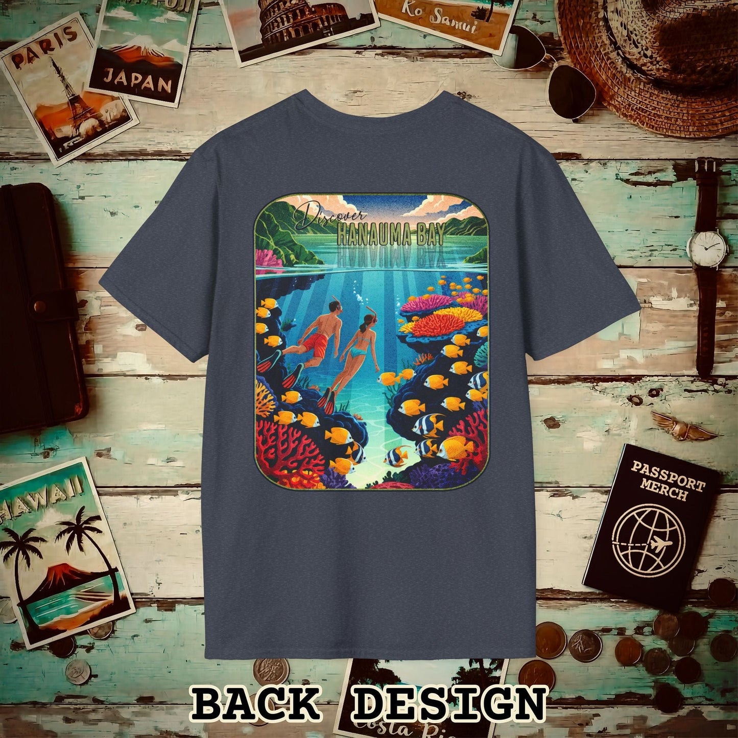 Discover Hanauma Bay, Hawaii, Back Print T-Shirt Heather Navy / S