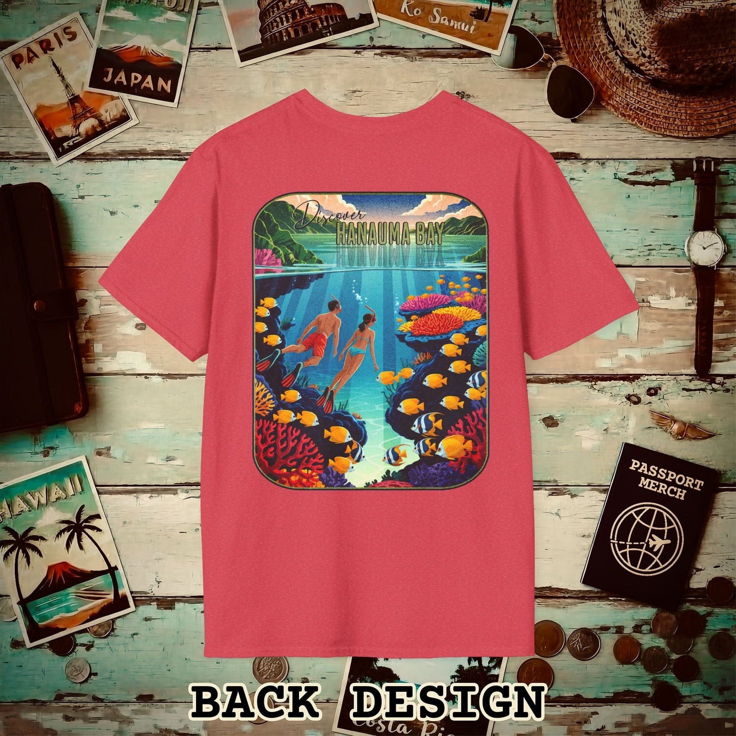 Discover Hanauma Bay, Hawaii, Back Print T-Shirt Heather Red / S
