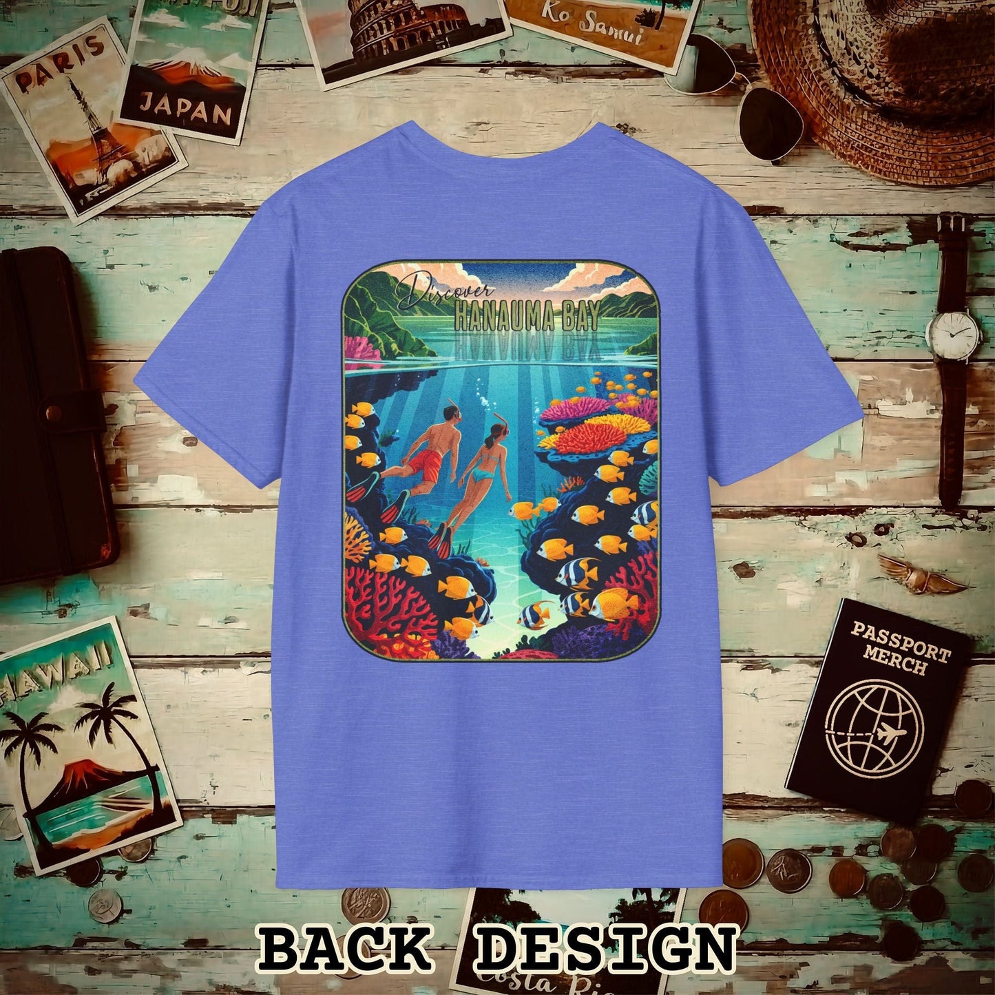 Discover Hanauma Bay, Hawaii, Back Print T-Shirt Heather Royal / S