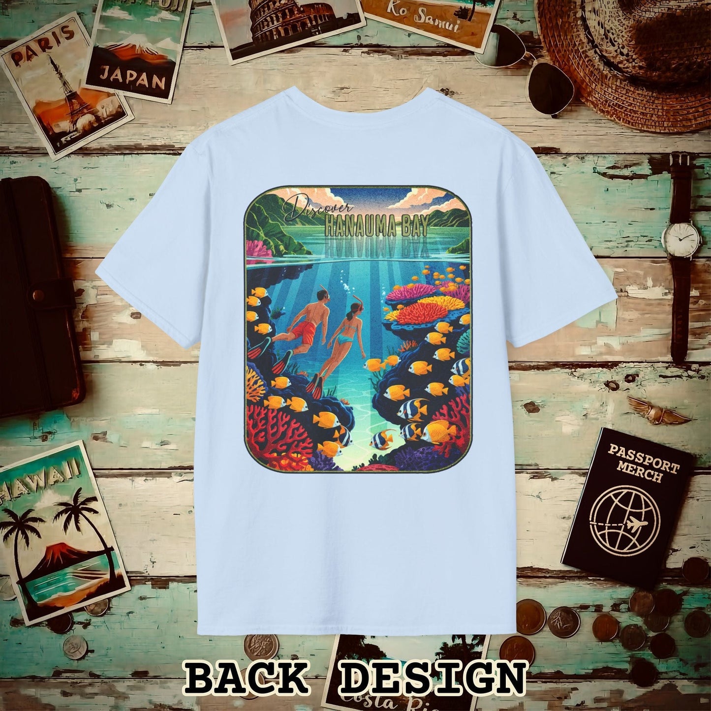 Discover Hanauma Bay, Hawaii, Back Print T-Shirt Light Blue / S