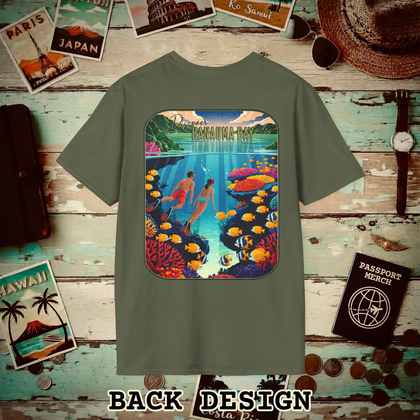 Discover Hanauma Bay, Hawaii, Back Print T-Shirt Military Green / S
