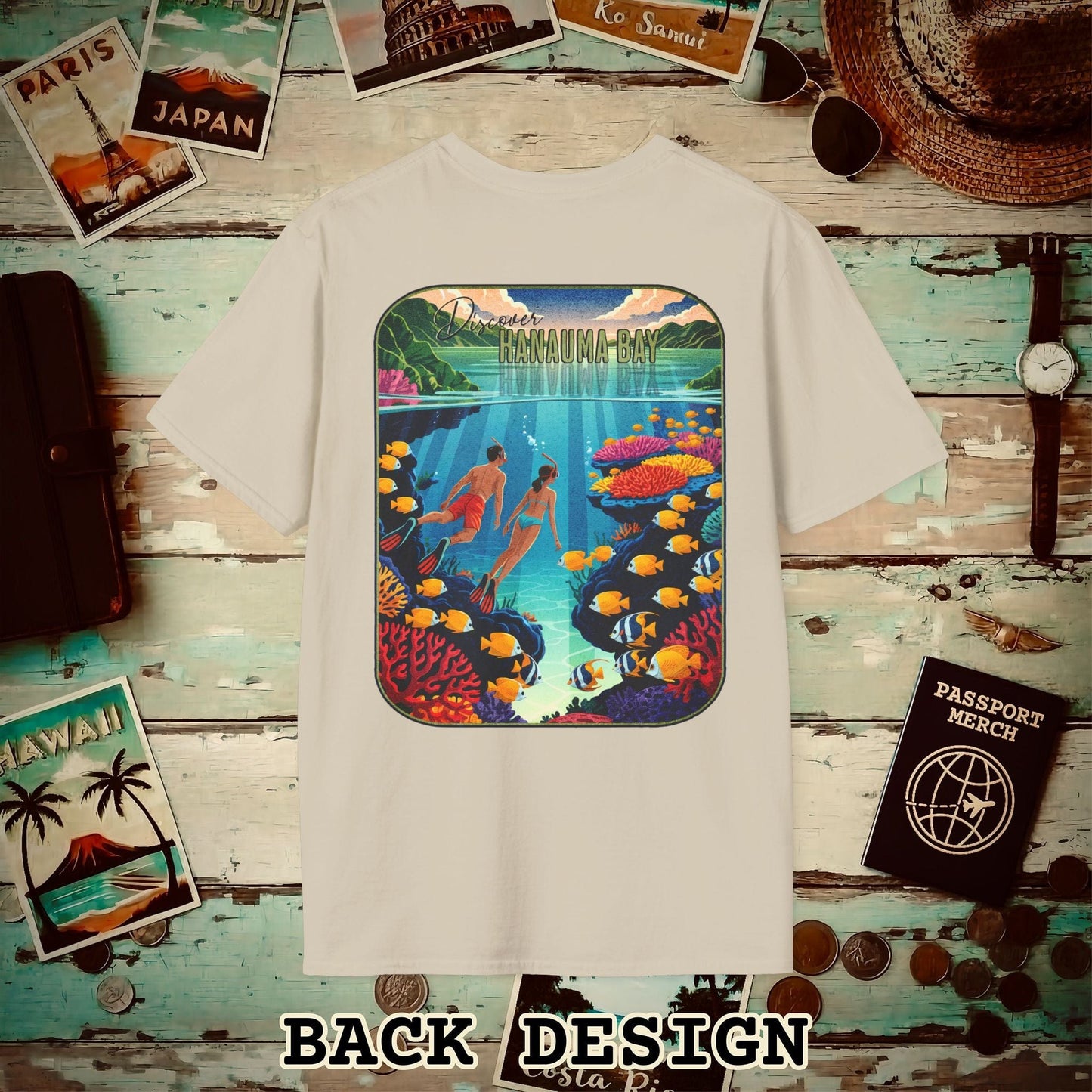 Discover Hanauma Bay, Hawaii, Back Print T-Shirt Sand / S