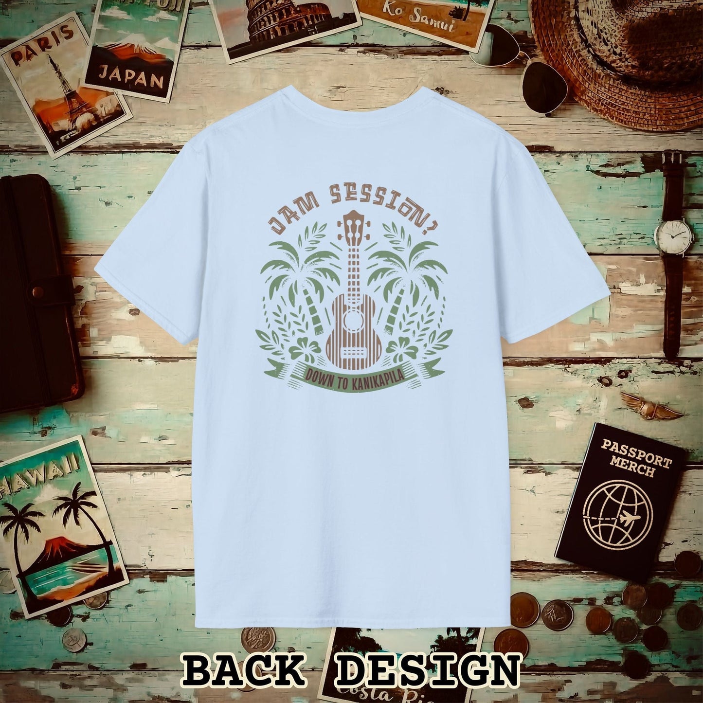 Down To Kanikapila, Hawaii, Back Print T-Shirt Light Blue / S