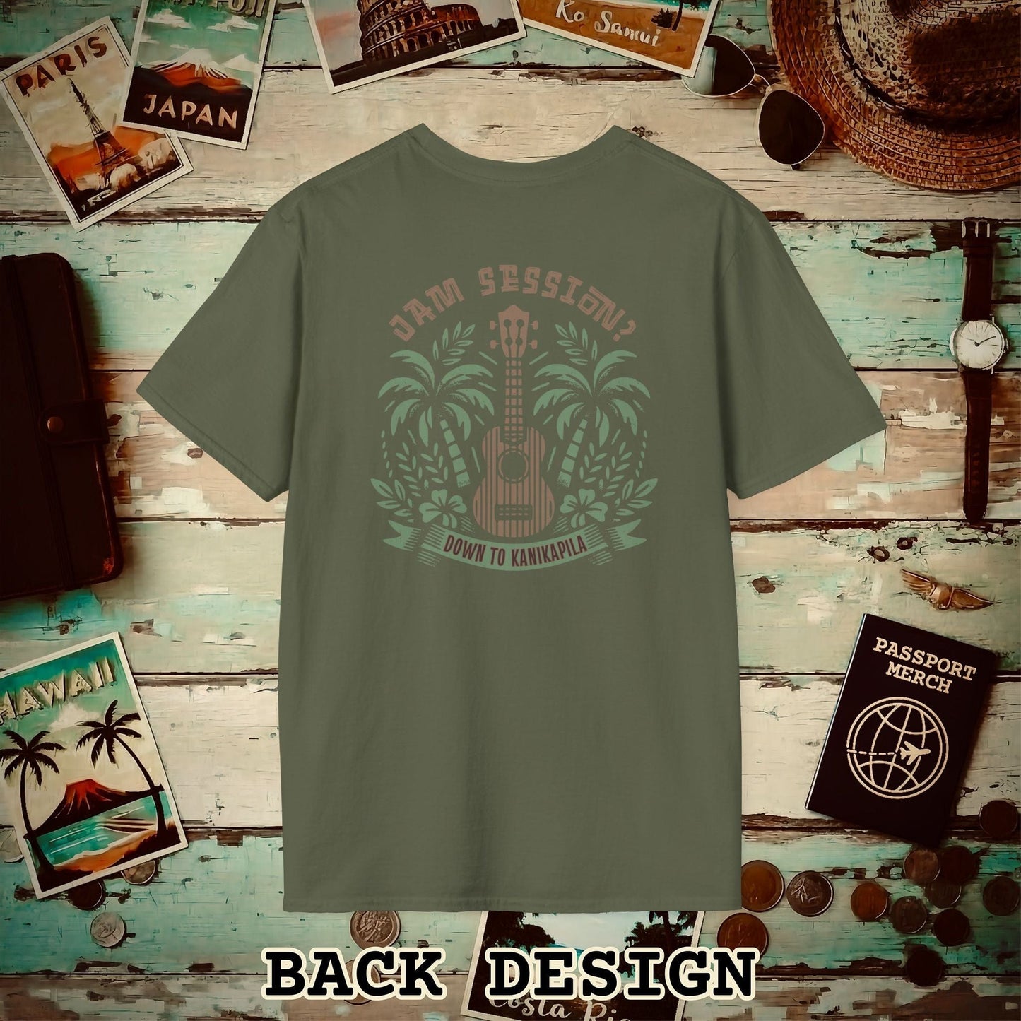 Down To Kanikapila, Hawaii, Back Print T-Shirt Military Green / S