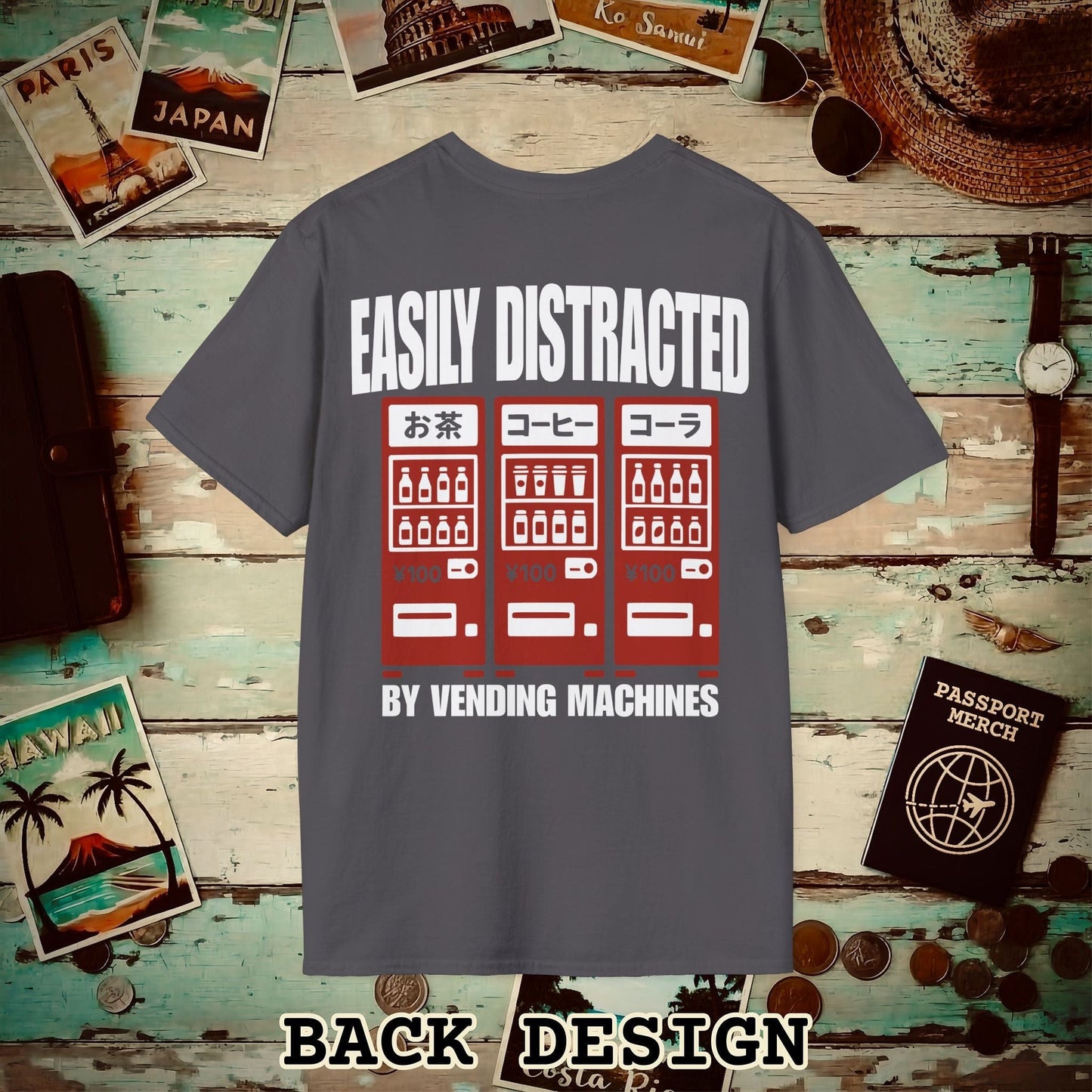 Easily Distracted by Vending Machines, Japan Back Print T-Shirt Charcoal / S