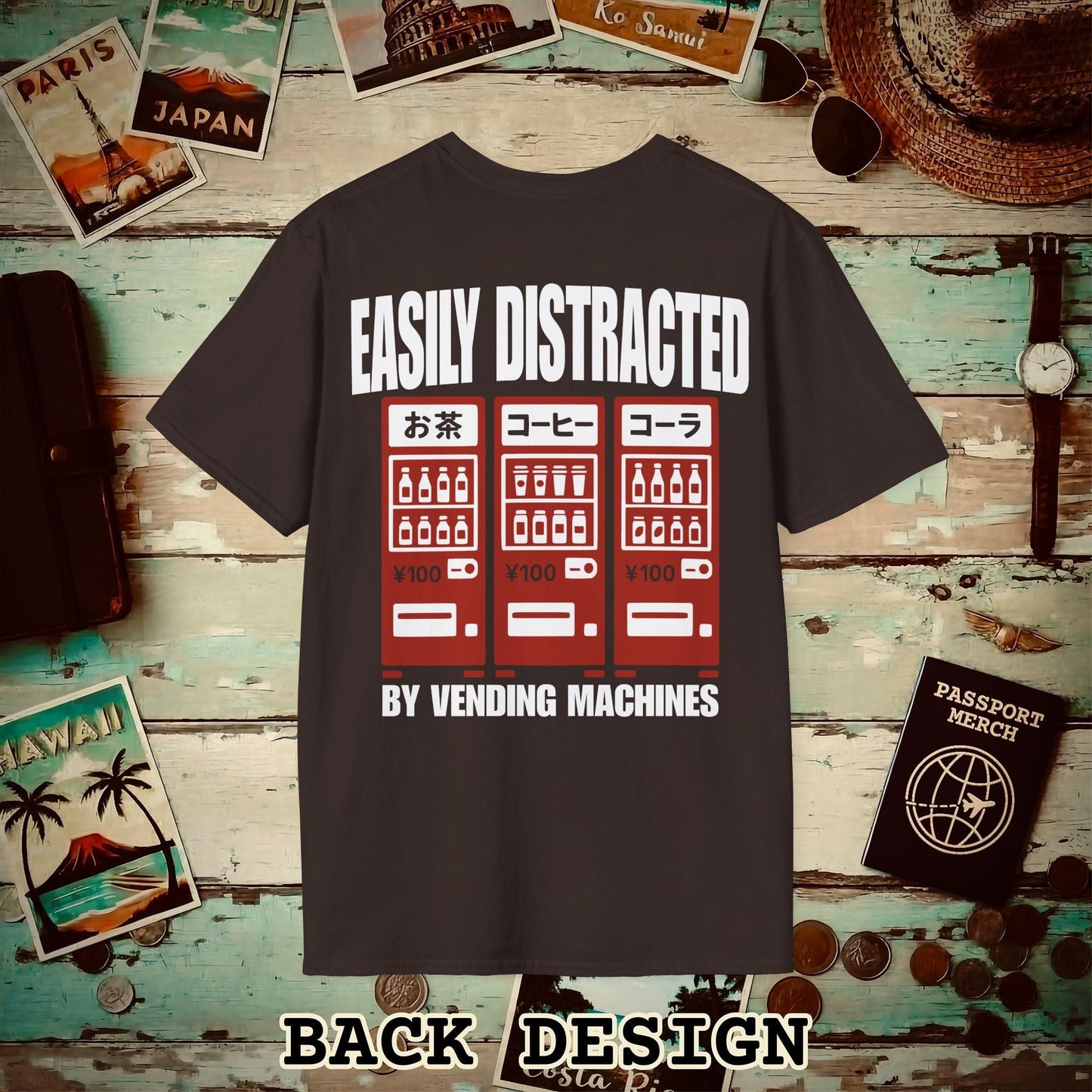 Easily Distracted by Vending Machines, Japan Back Print T-Shirt Dark Chocolate / S