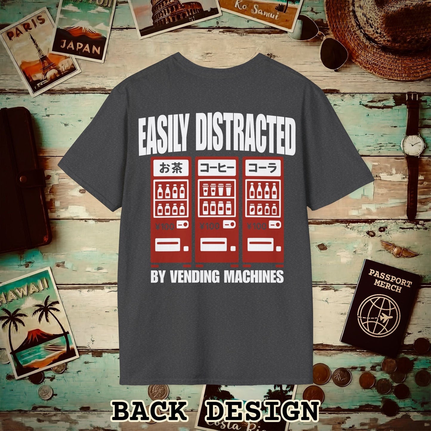 Easily Distracted by Vending Machines, Japan Back Print T-Shirt Dark Heather / S
