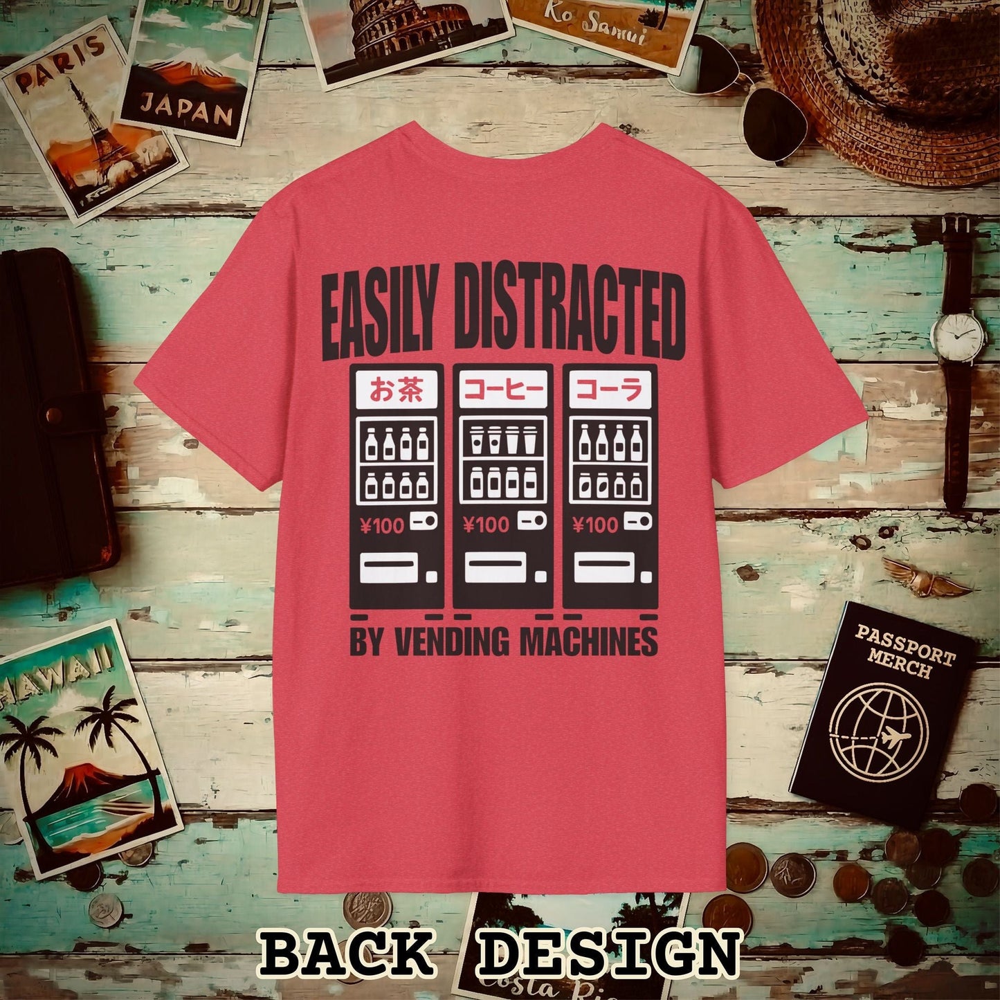 Easily Distracted by Vending Machines, Japan Back Print T-Shirt Heather Red / S
