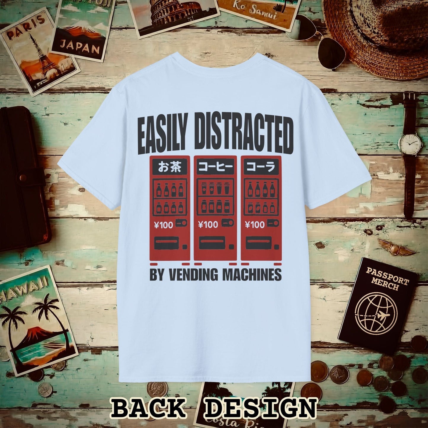 Easily Distracted by Vending Machines, Japan Back Print T-Shirt Light Blue / S
