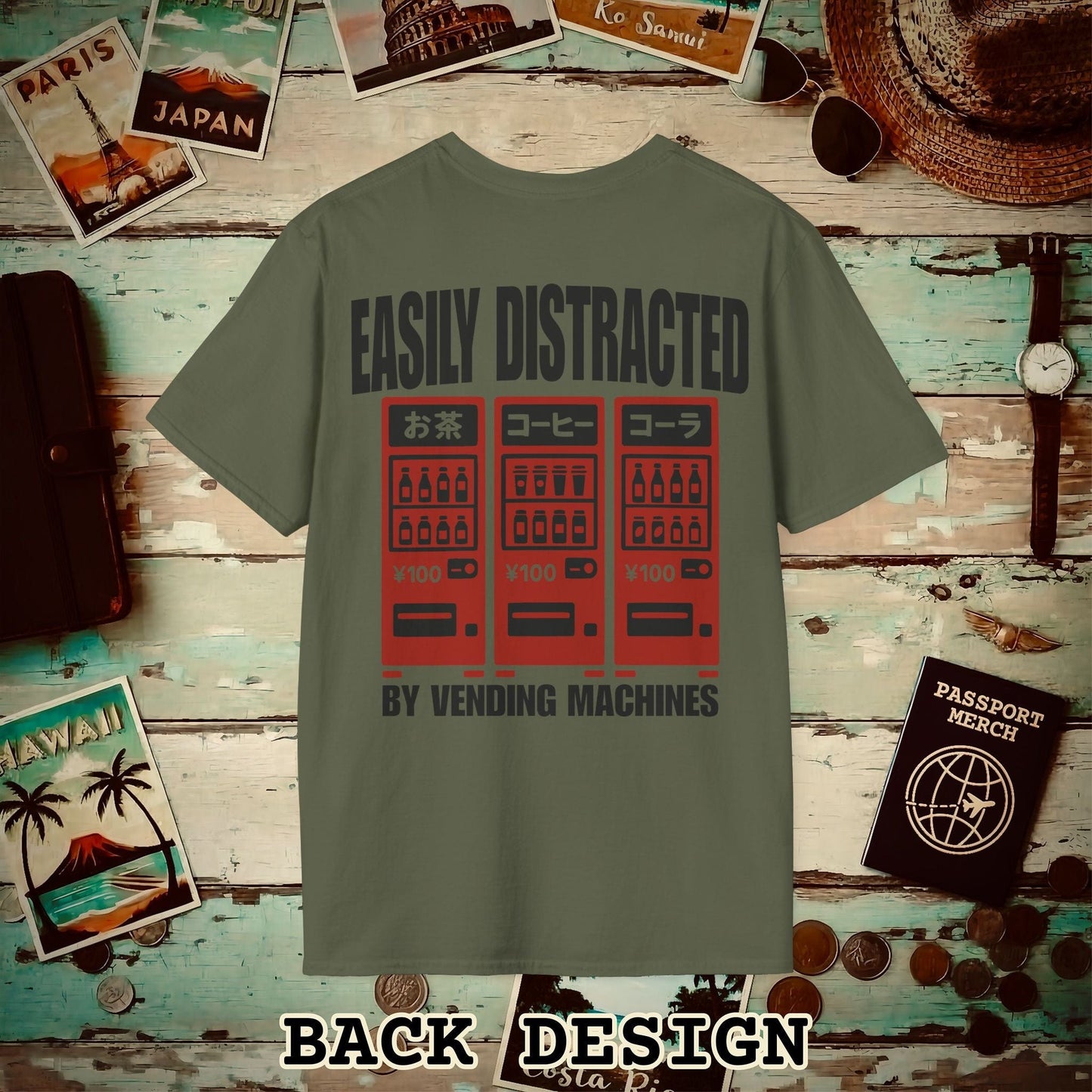 Easily Distracted by Vending Machines, Japan Back Print T-Shirt Military Green / S