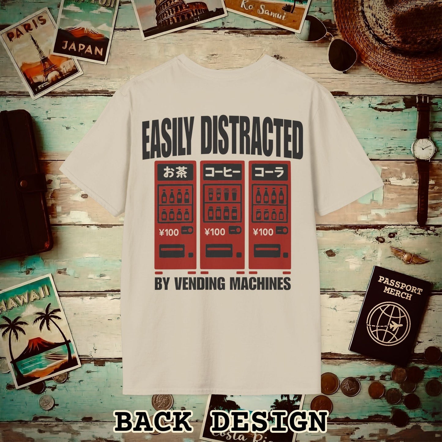 Easily Distracted by Vending Machines, Japan Back Print T-Shirt Sand / S