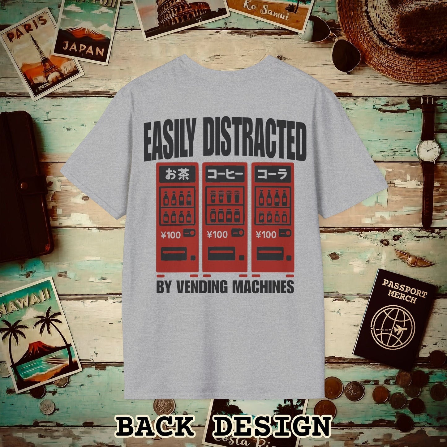 Easily Distracted by Vending Machines, Japan Back Print T-Shirt Sport Grey / S
