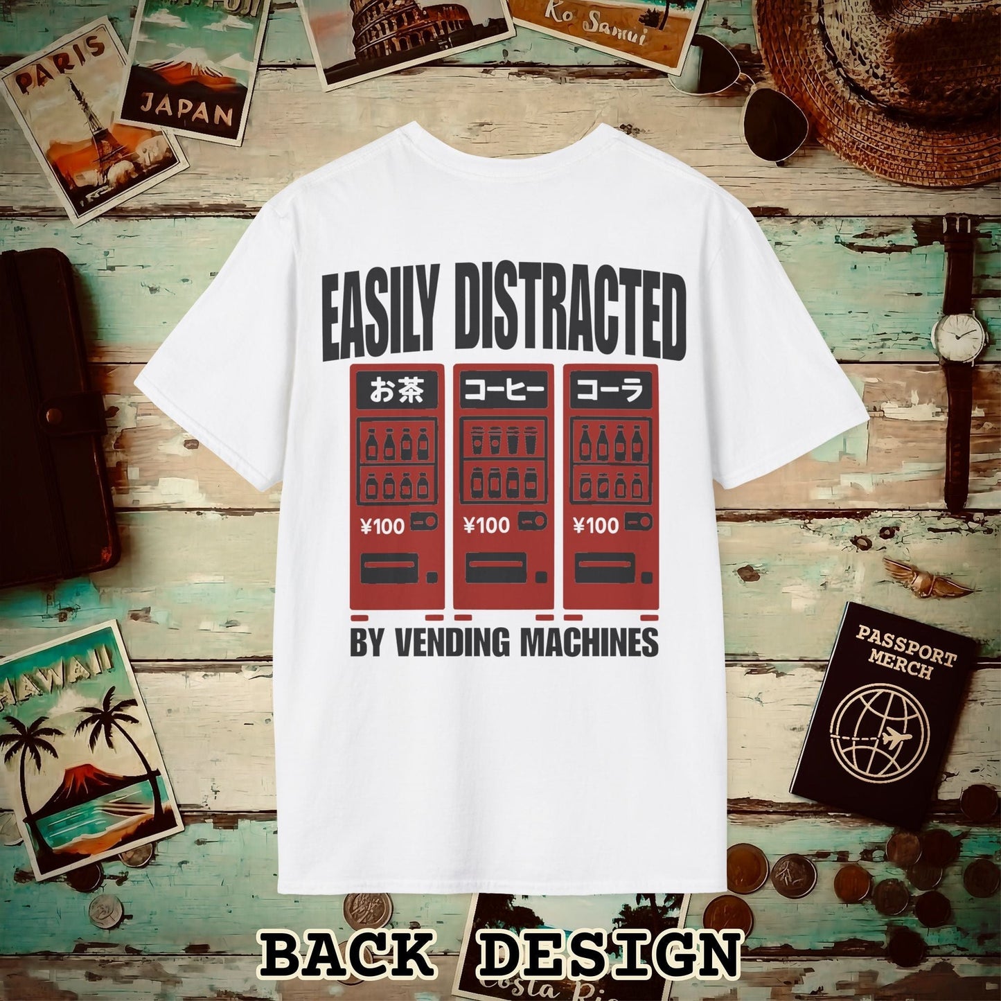 Easily Distracted by Vending Machines, Japan Back Print T-Shirt White / S