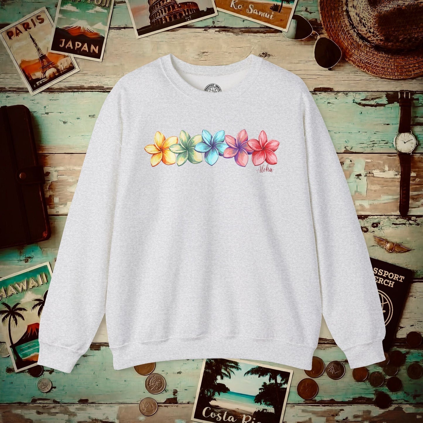 Five Vibrant Plumerias, Hawaii Crewneck Ash / S