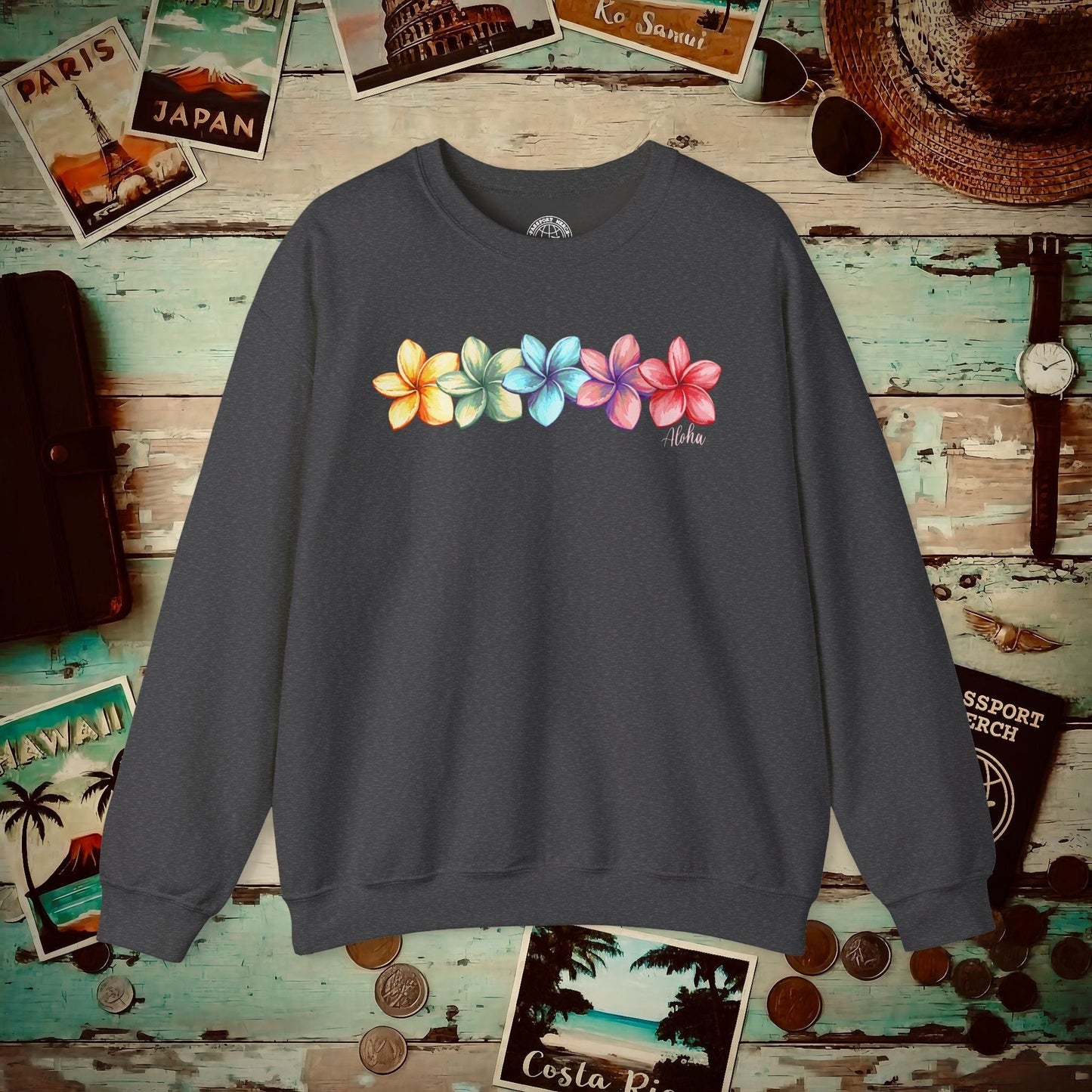 Five Vibrant Plumerias, Hawaii Crewneck Dark Heather / S