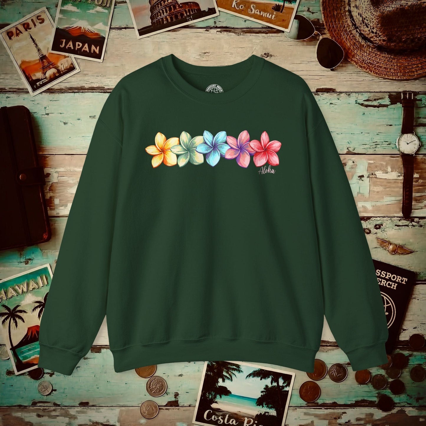 Five Vibrant Plumerias, Hawaii Crewneck Forest Green / S