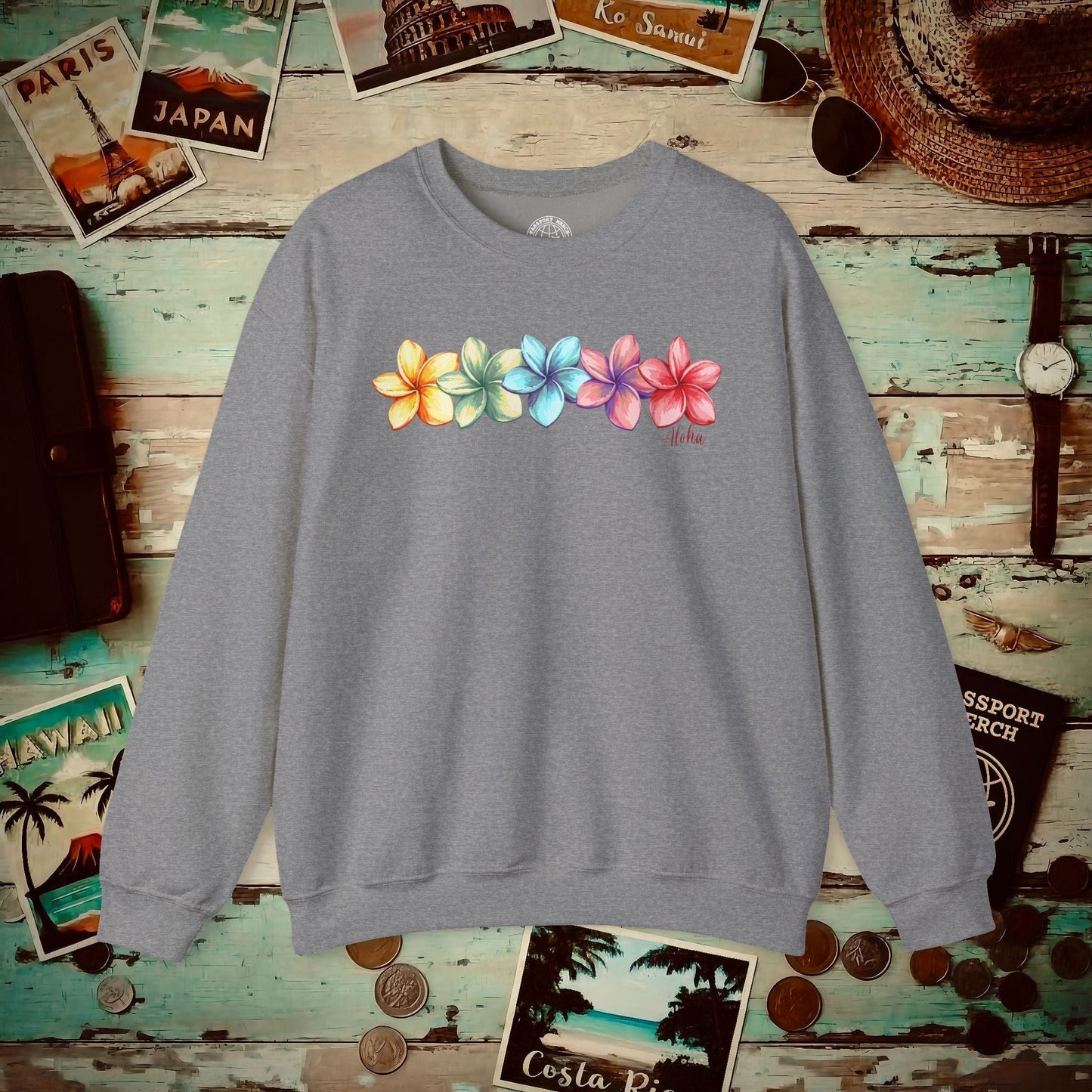 Five Vibrant Plumerias, Hawaii Crewneck Graphite Heather / S