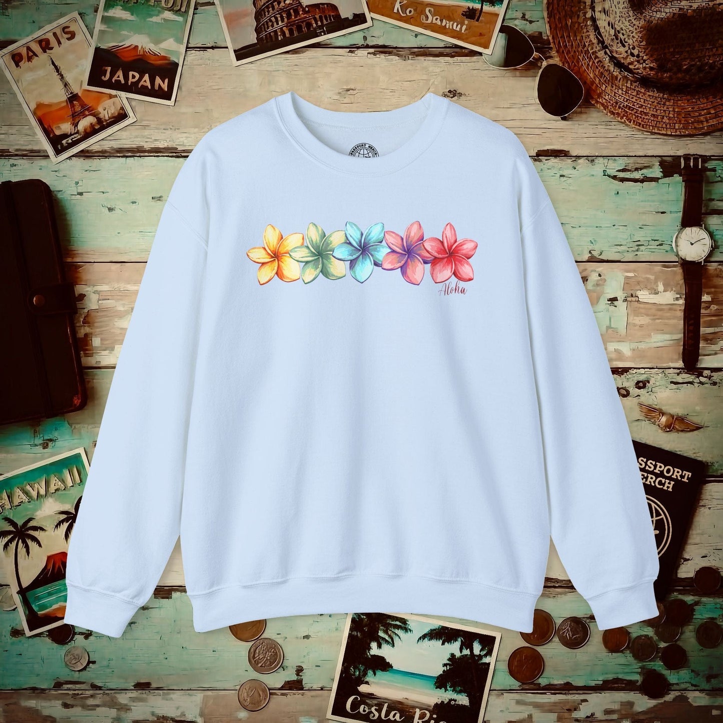 Five Vibrant Plumerias, Hawaii Crewneck Light Blue / S