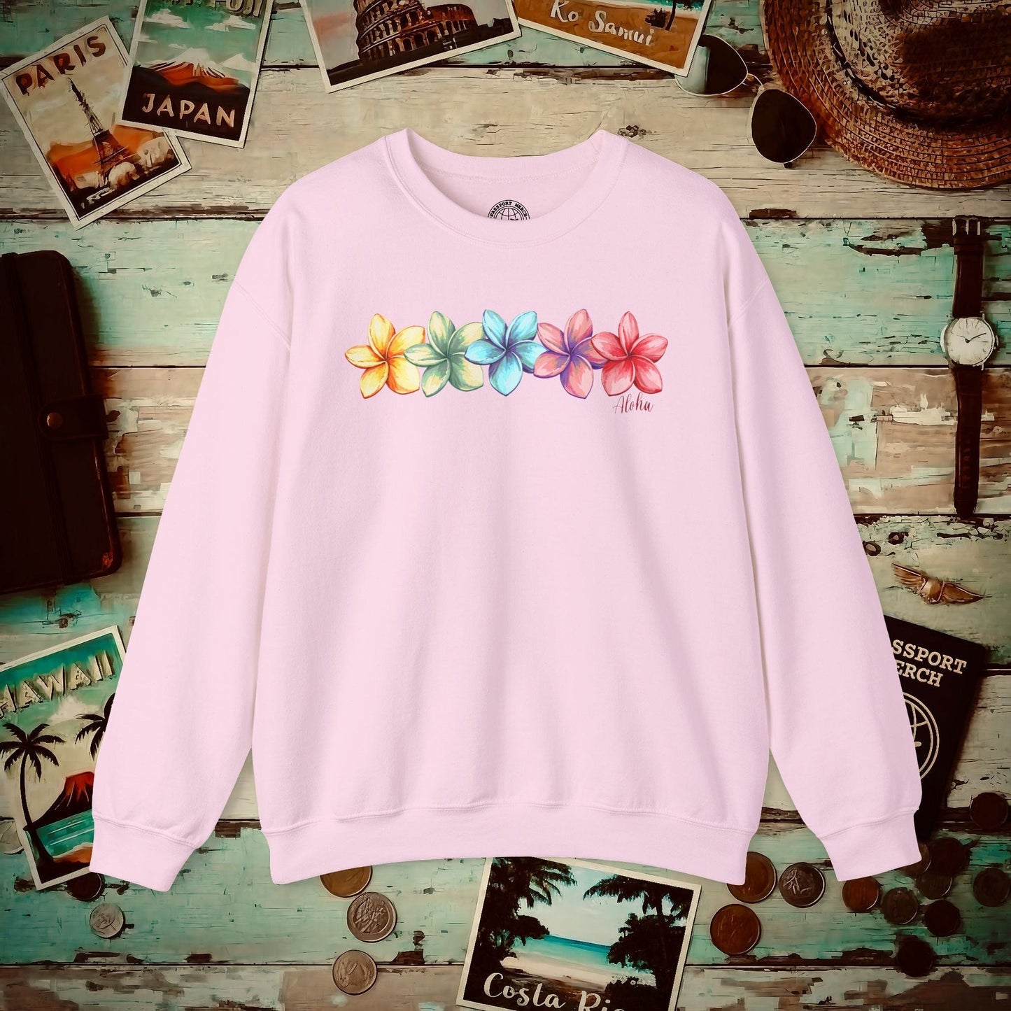 Five Vibrant Plumerias, Hawaii Crewneck Light Pink / S