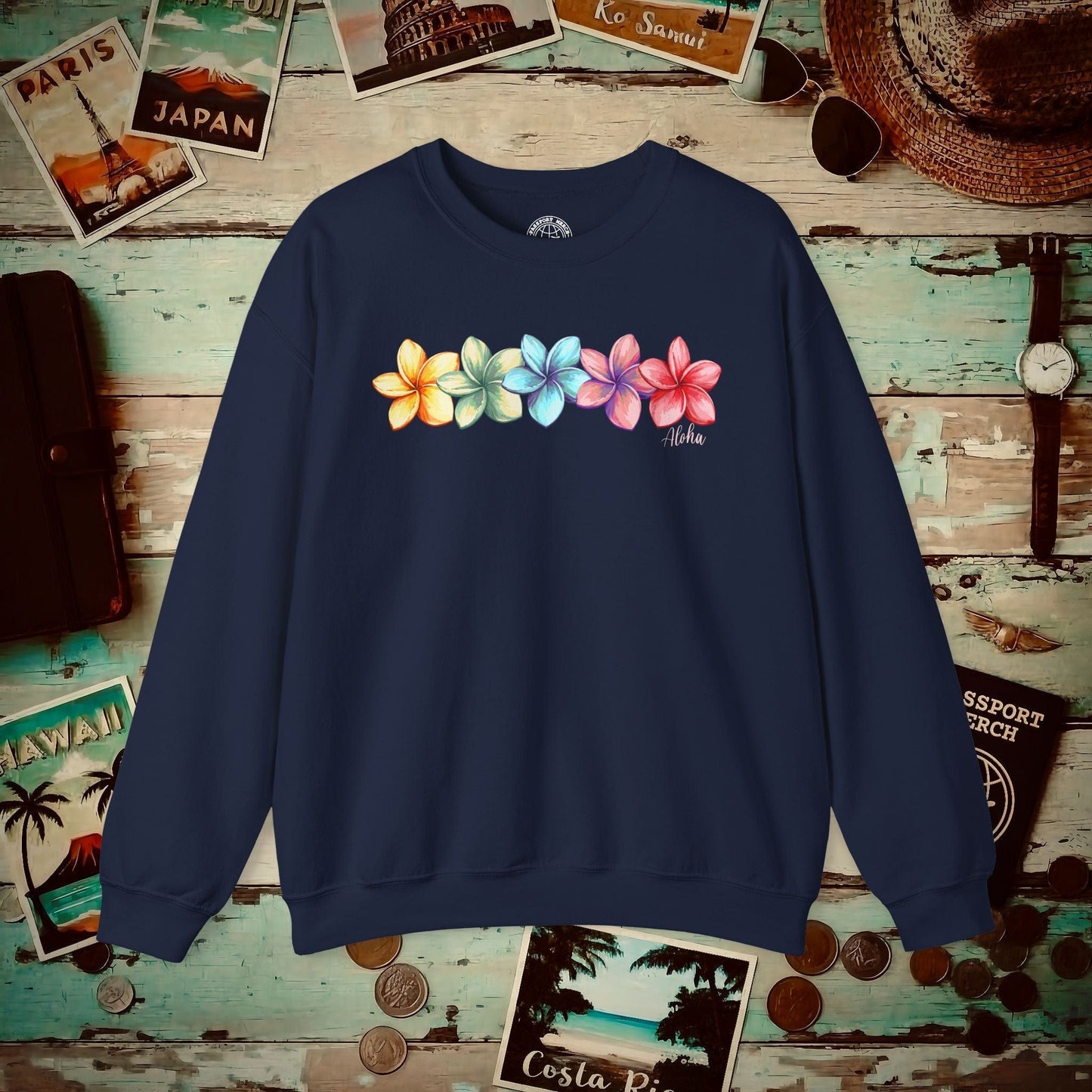 Five Vibrant Plumerias, Hawaii Crewneck Navy / S