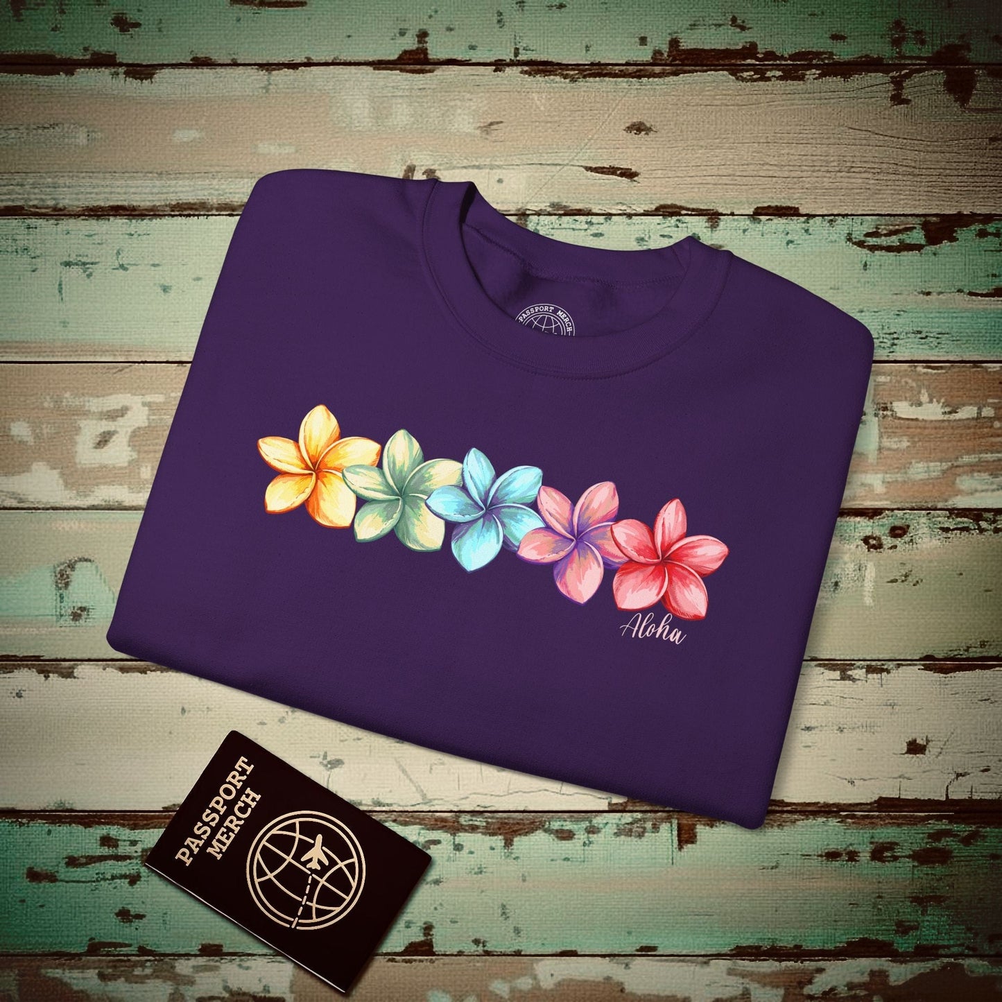 Five Vibrant Plumerias, Hawaii Crewneck Purple / S