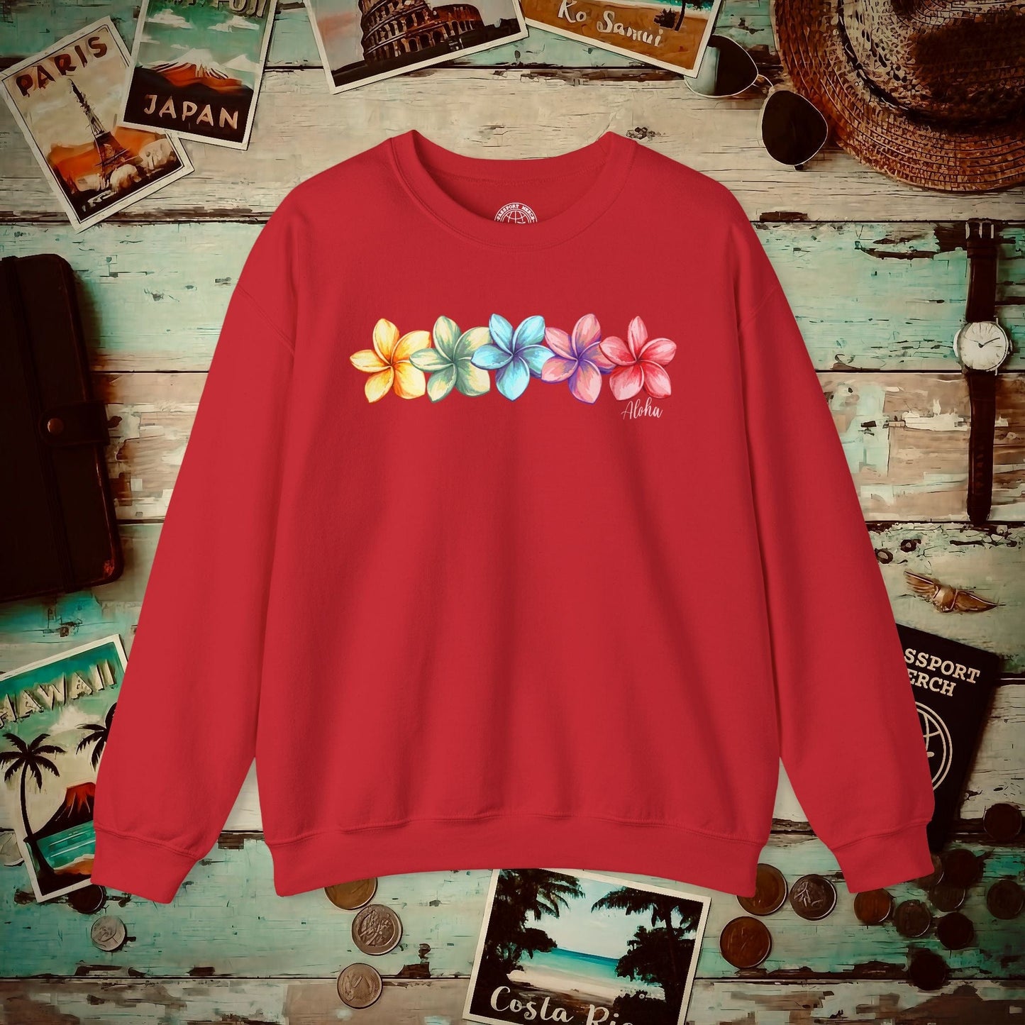 Five Vibrant Plumerias, Hawaii Crewneck Red / S