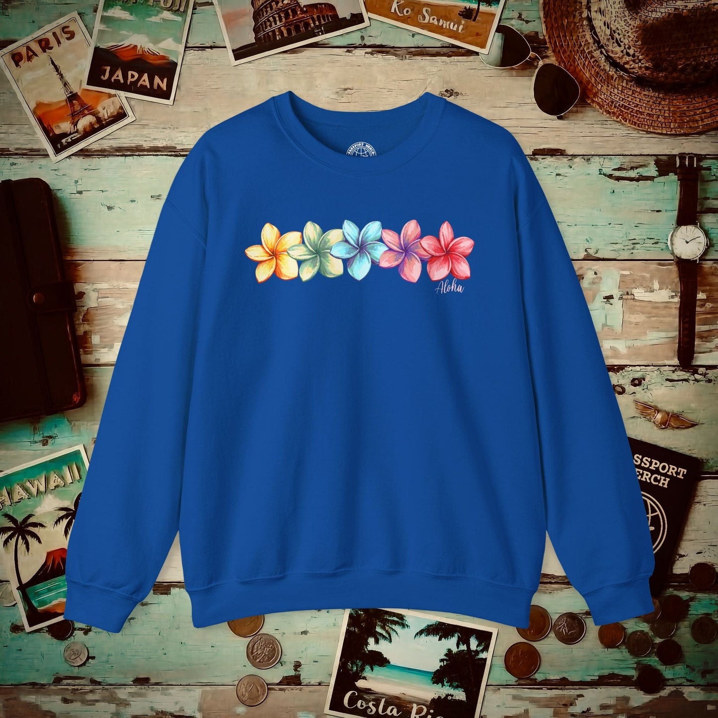 Five Vibrant Plumerias, Hawaii Crewneck Royal / S