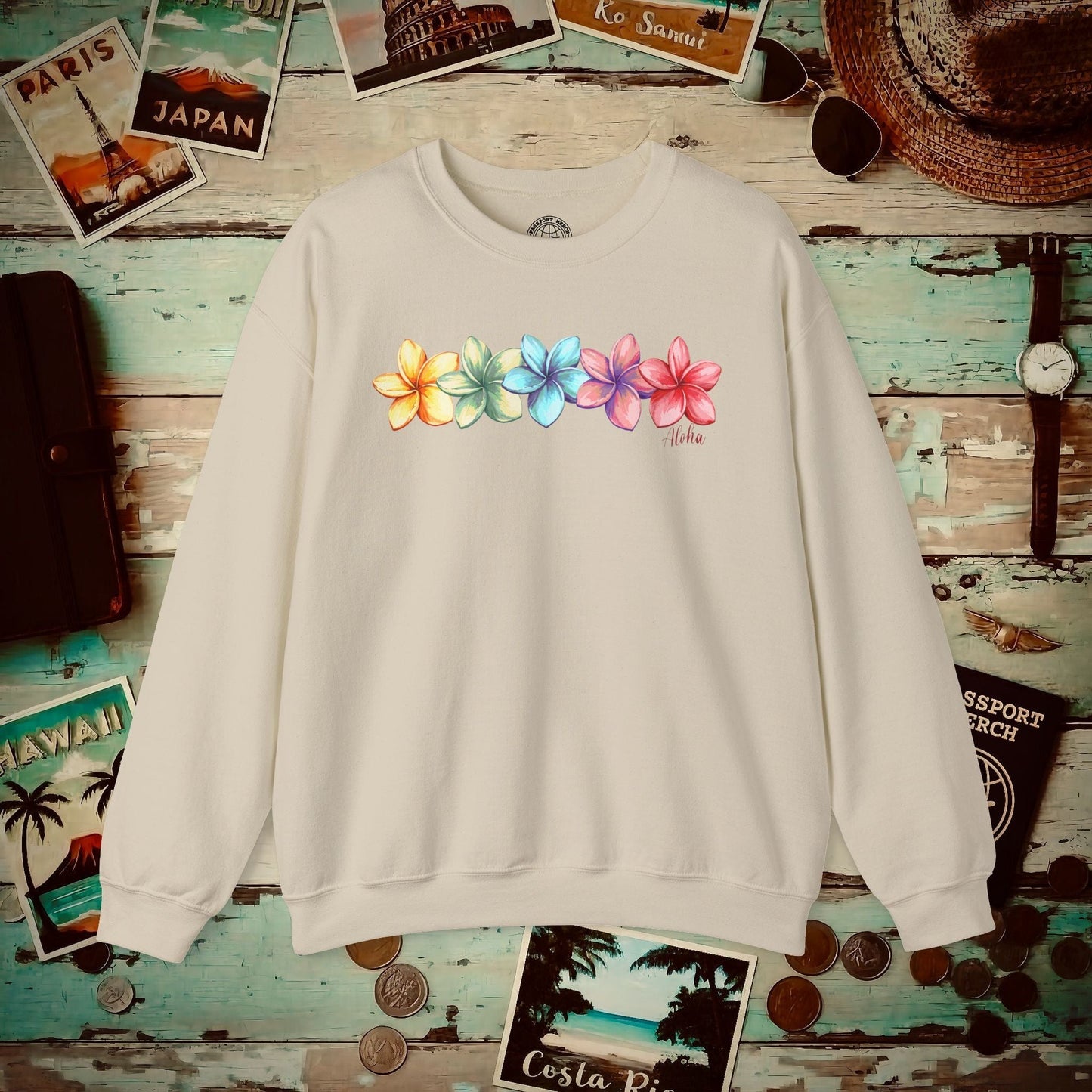 Five Vibrant Plumerias, Hawaii Crewneck Sand / S