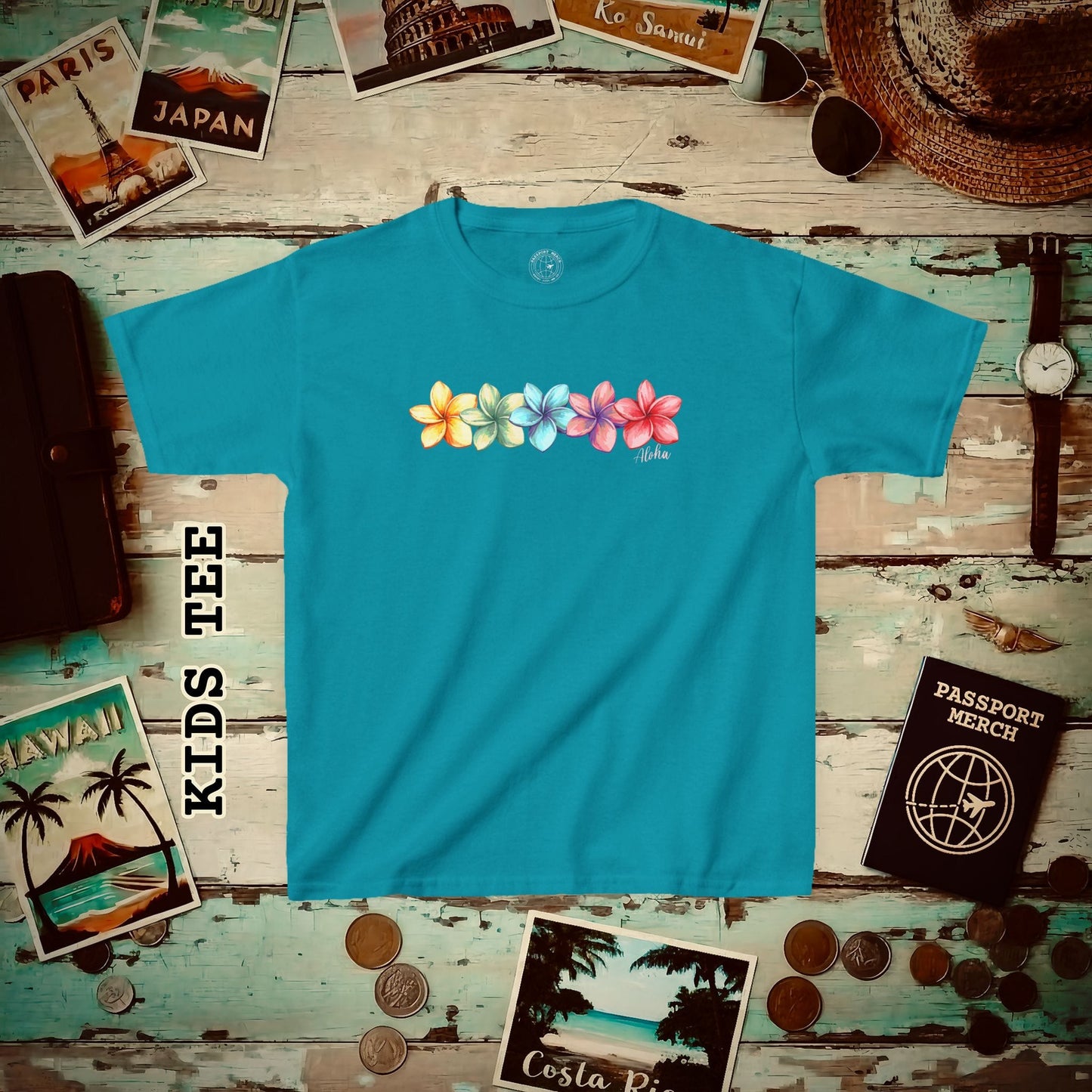 Five Vibrant Plumerias, Hawaii Kids Tee XS / Tropical Blue