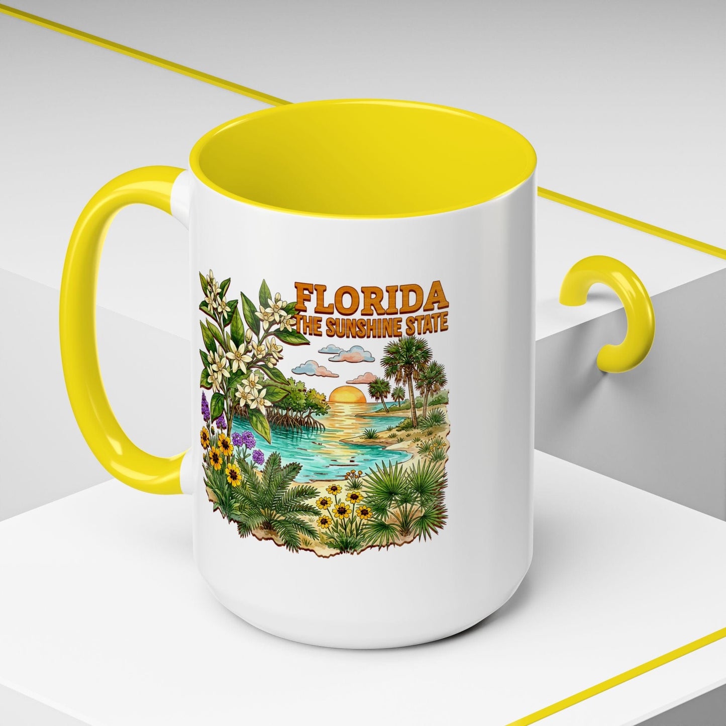 Florida Flowers in Watercolored Oak 15oz Mug Yellow / 15oz